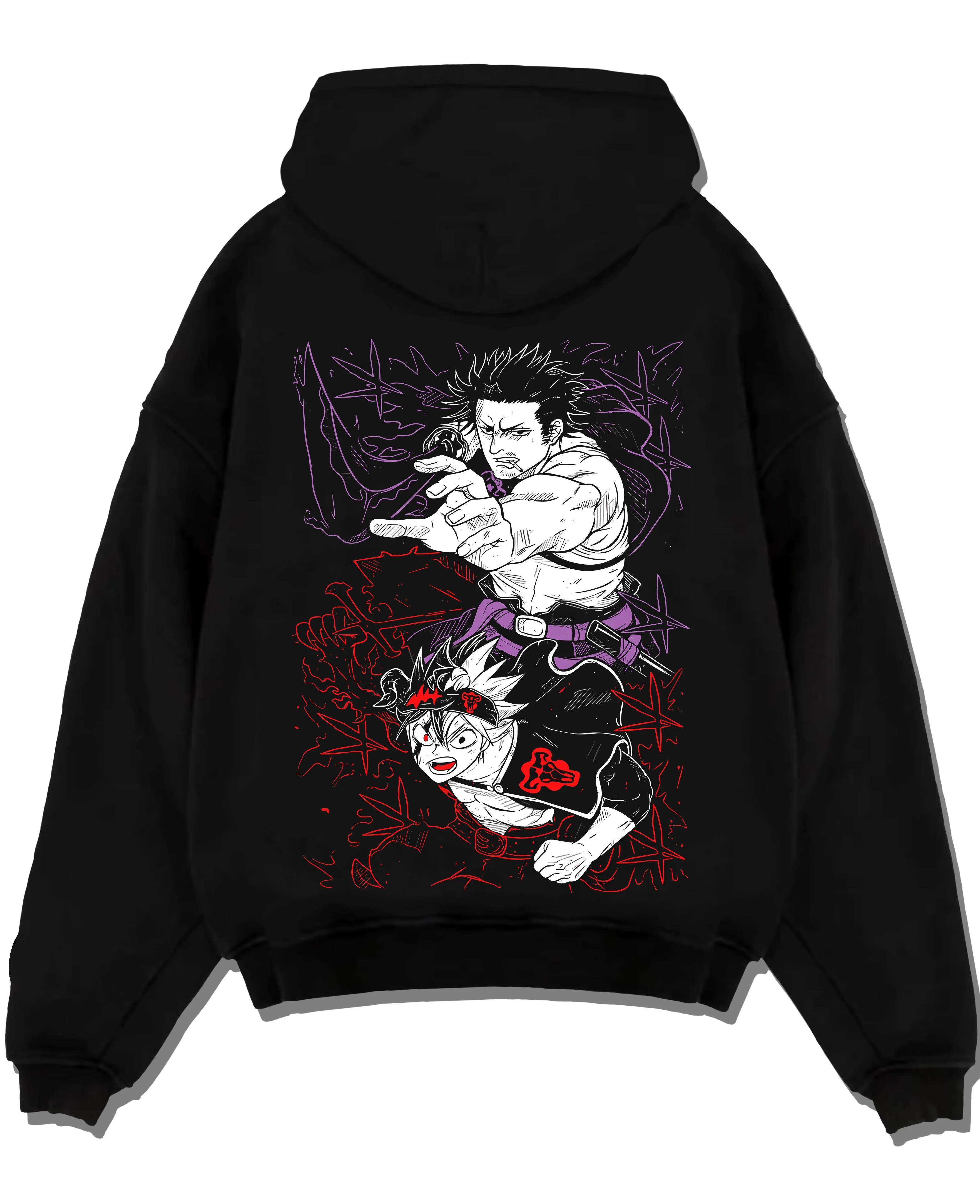 Black pullover hoodie laid flat with Asta Dark Grimoire Hoodie Black Clover Inferno Power graphic Asta anime design.