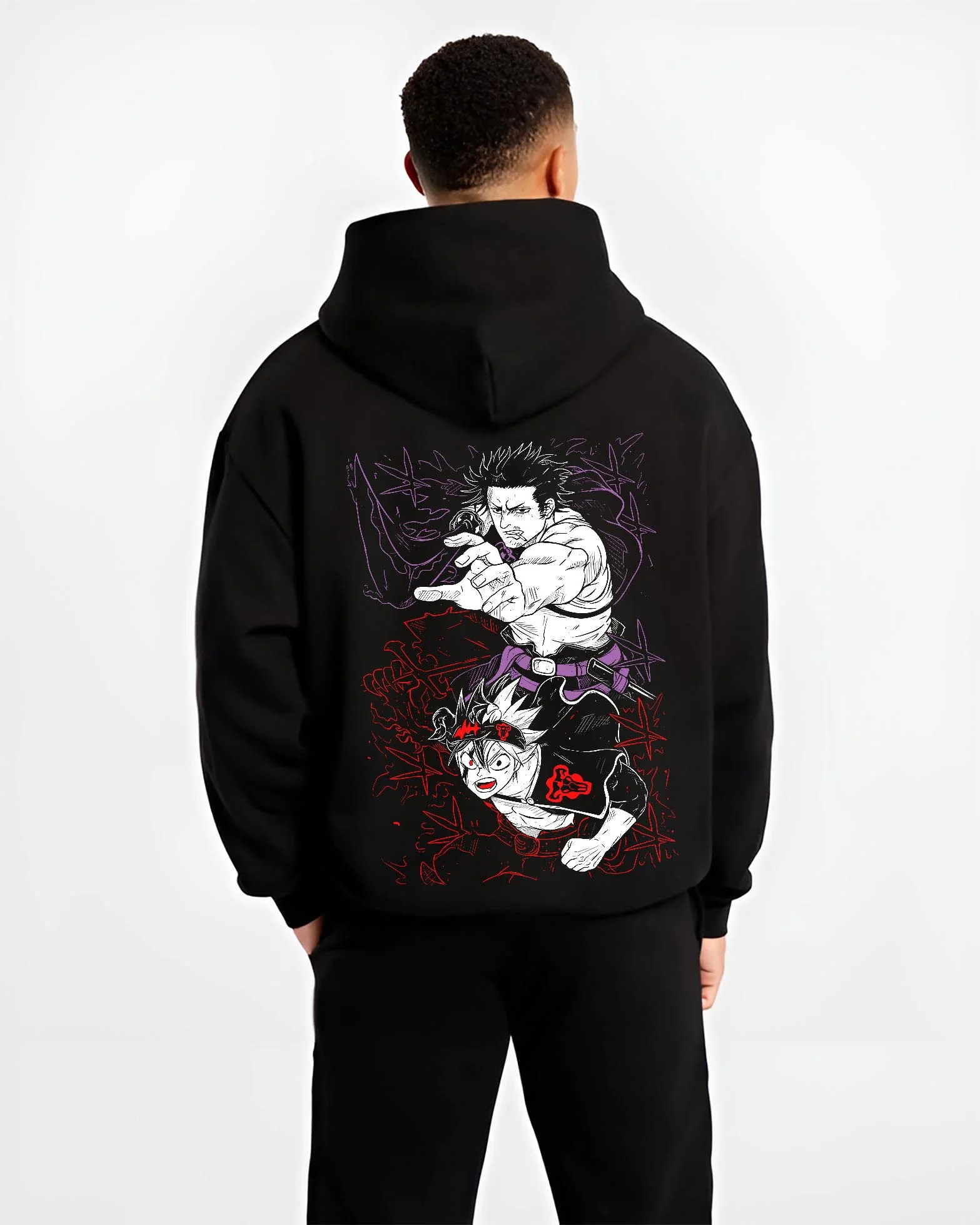 Black hoodie worn by male model, back view with Asta Dark Grimoire Hoodie Black Clover Inferno Power graphic streetwear graphic.