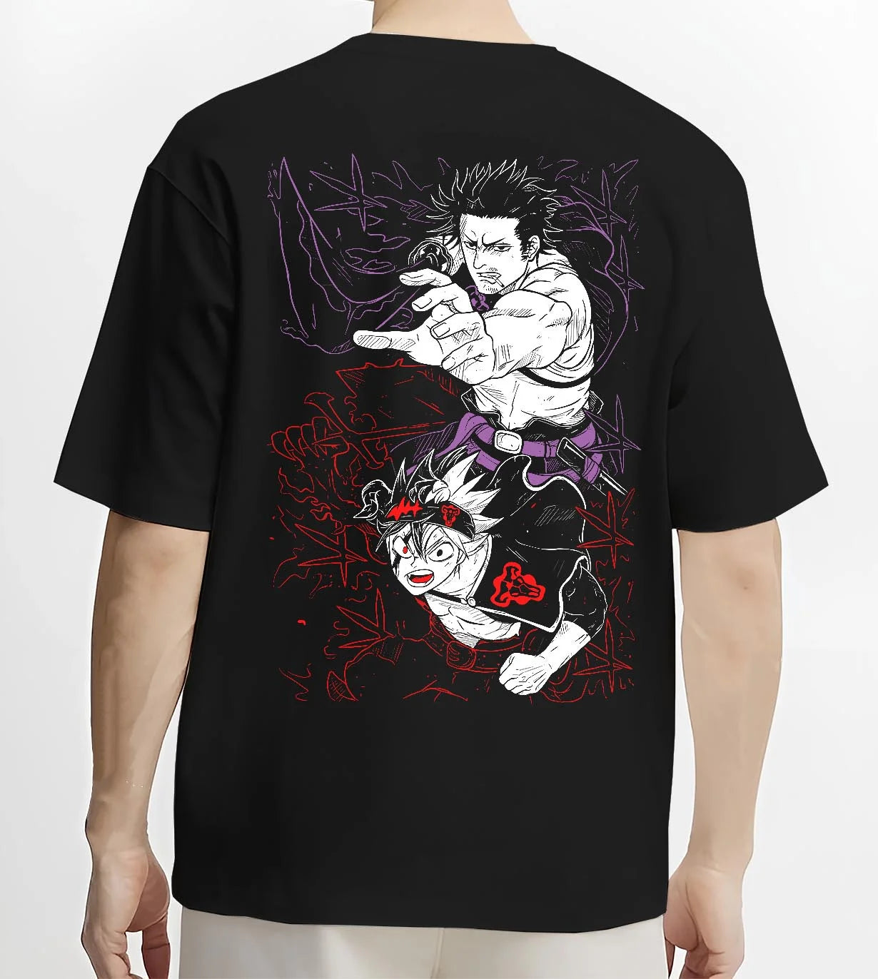 Black T-shirt worn by male model, back view with Asta Dark Grimoire Hoodie Black Clover Inferno Power graphic Asta themed artwork.