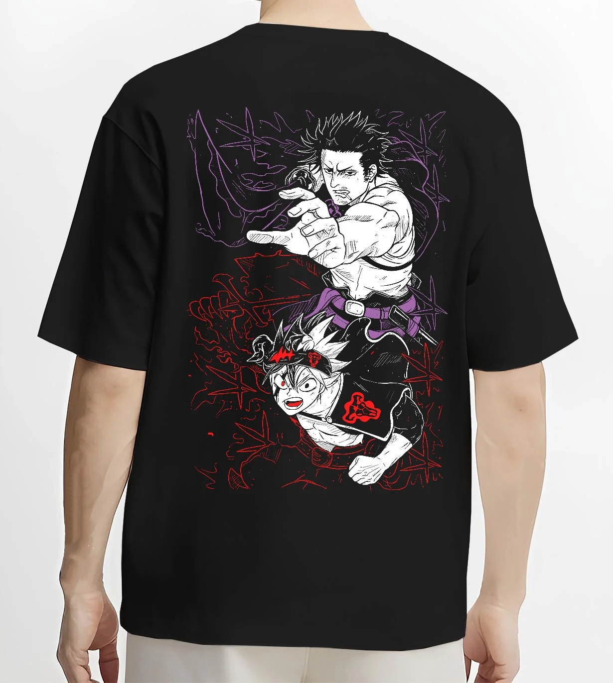 Black T-shirt worn by male model, back view with Asta Dark Grimoire Hoodie Black Clover Inferno Power graphic Asta themed artwork.