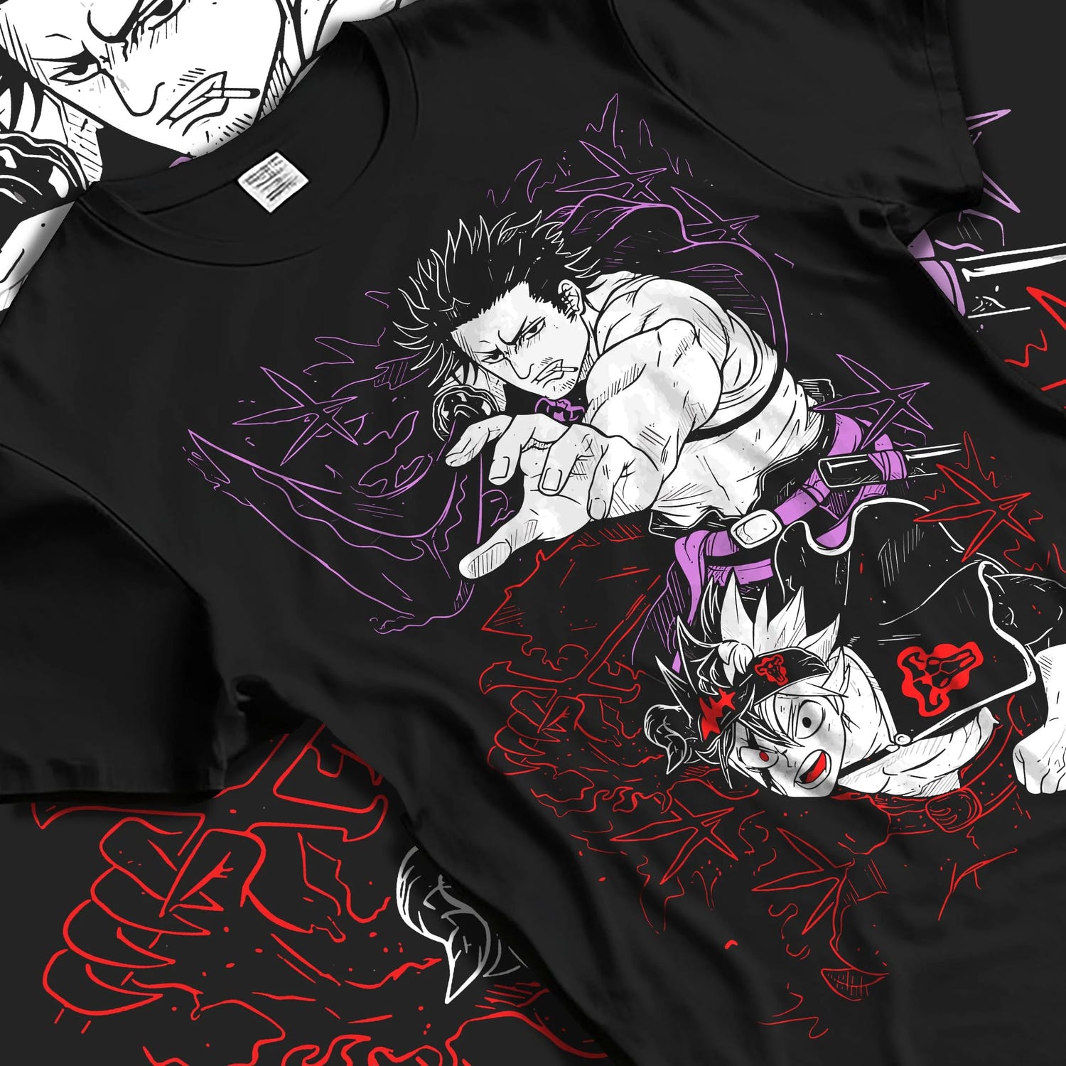 Black T-shirt laid flat with natural folds with Asta Dark Grimoire Hoodie Black Clover Inferno Power graphic premium wear.