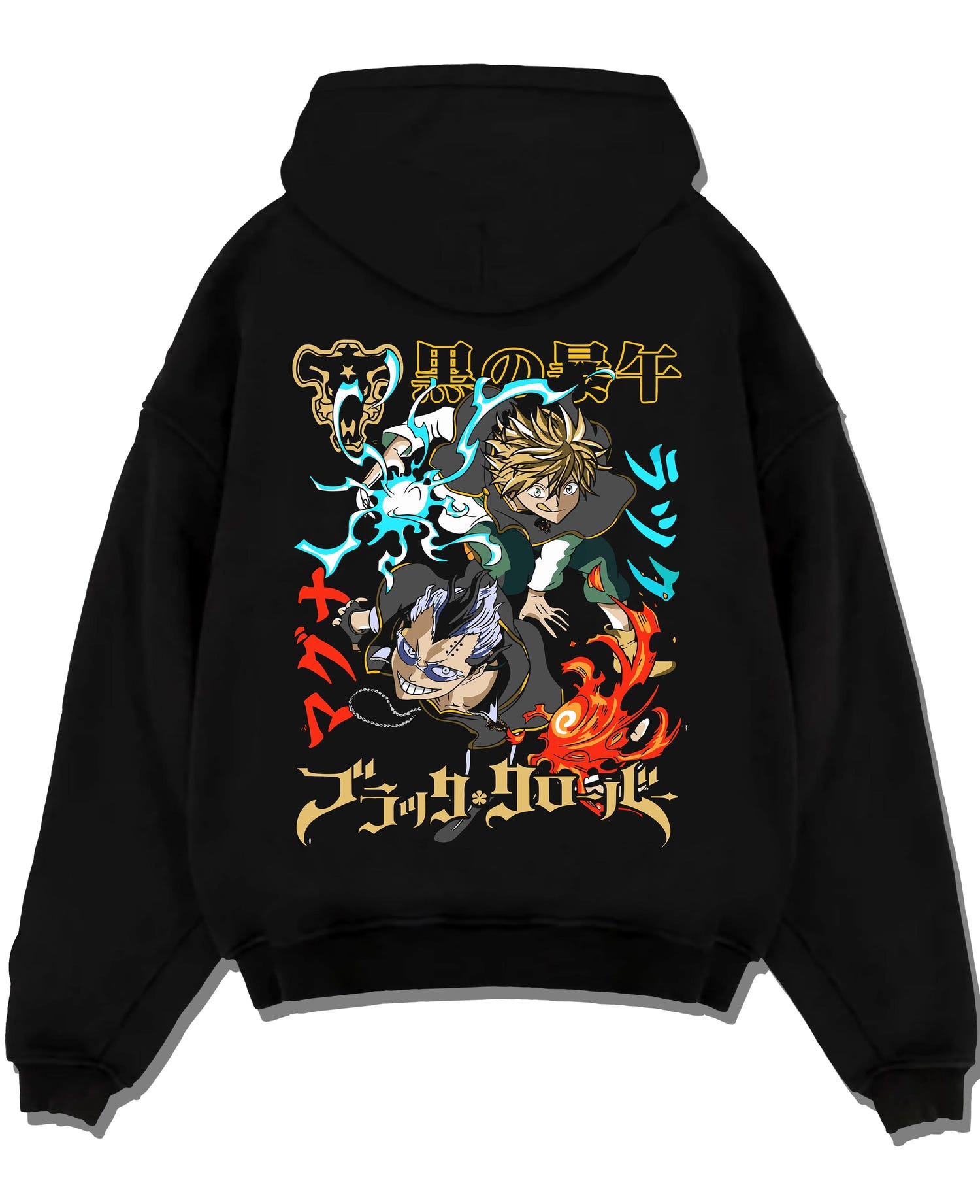 Black pullover hoodie laid flat with Asta Nacht Hoodie Black Clover Devil Contract Flames graphic streetwear graphic.