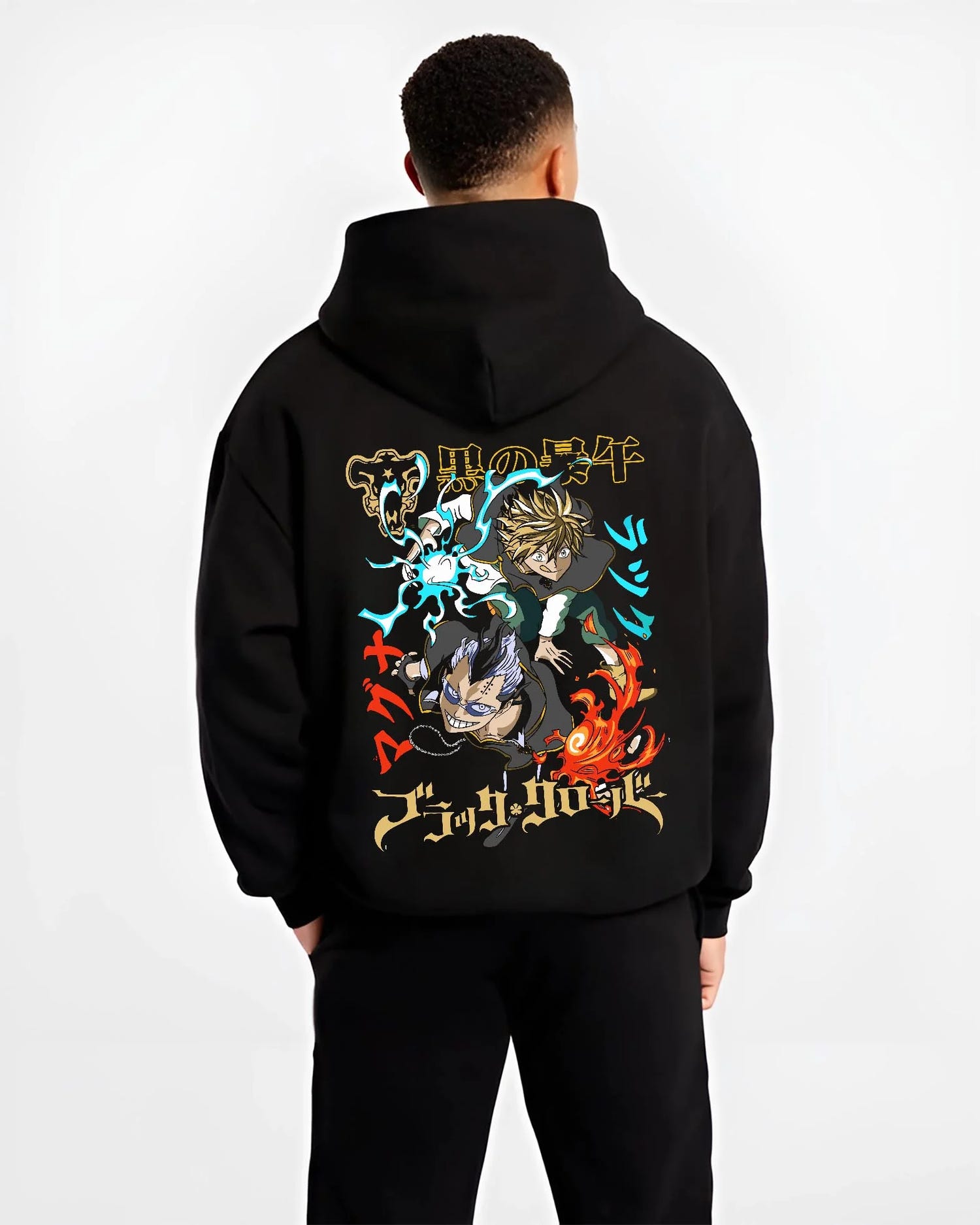 Black hoodie worn by male model, back view with Asta Nacht Hoodie Black Clover Devil Contract Flames graphic streetwear graphic.