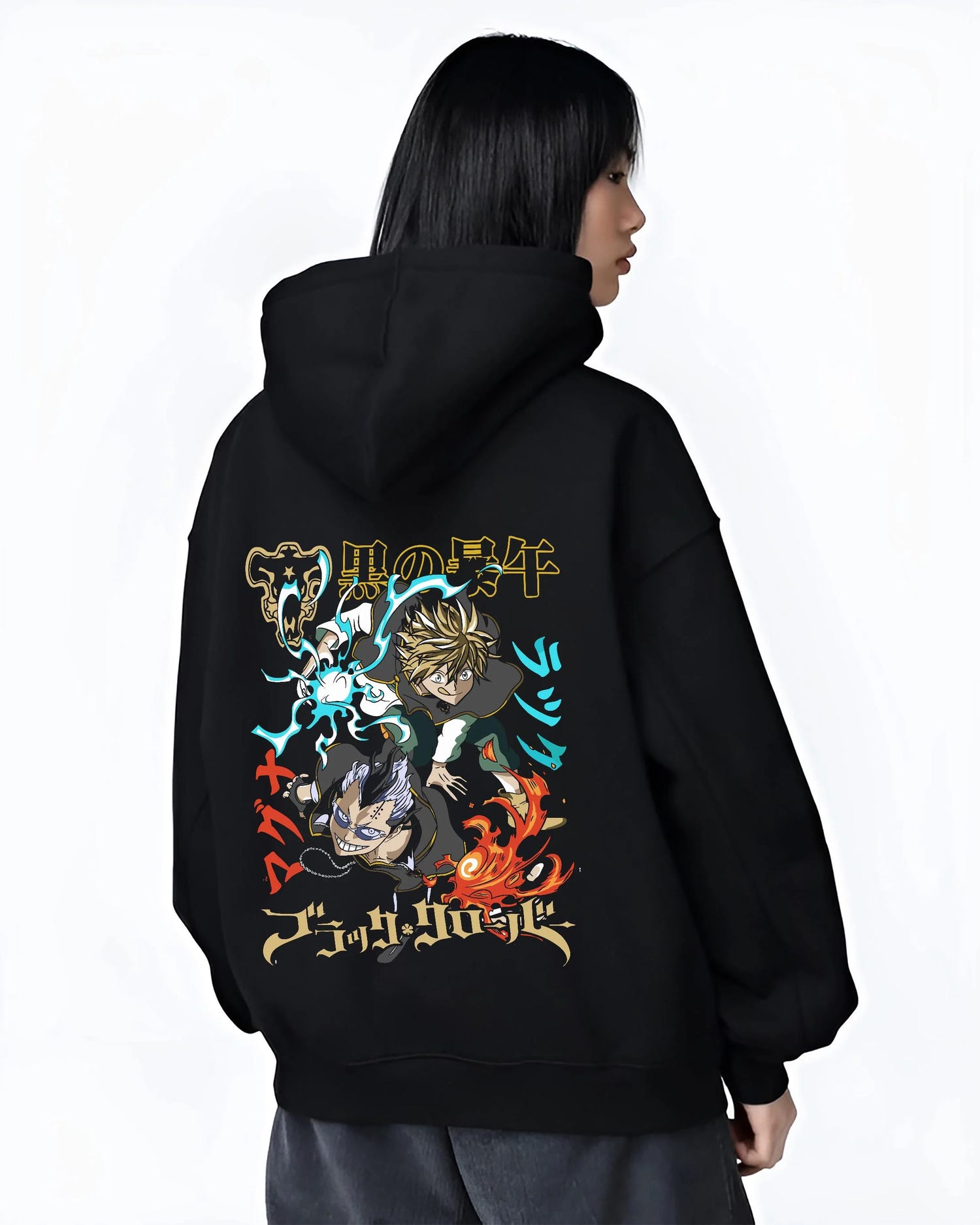 Black hoodie worn by female model, back view with Asta Nacht Hoodie Black Clover Devil Contract Flames graphic bold anime graphic.