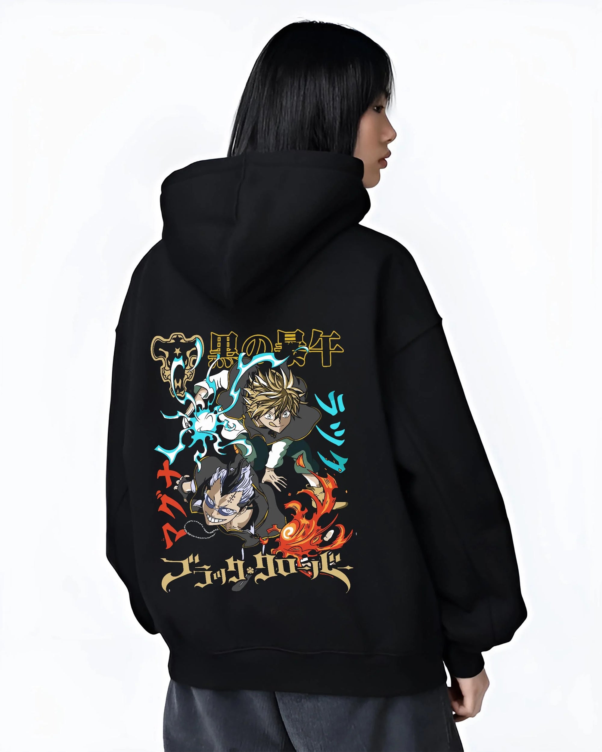Black hoodie worn by female model, back view with Asta Nacht Hoodie Black Clover Devil Contract Flames graphic bold anime graphic.
