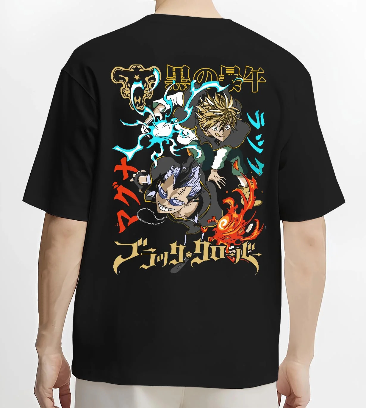 Black T-shirt worn by male model, back view with Asta Nacht Hoodie Black Clover Devil Contract Flames graphic bold anime graphic.