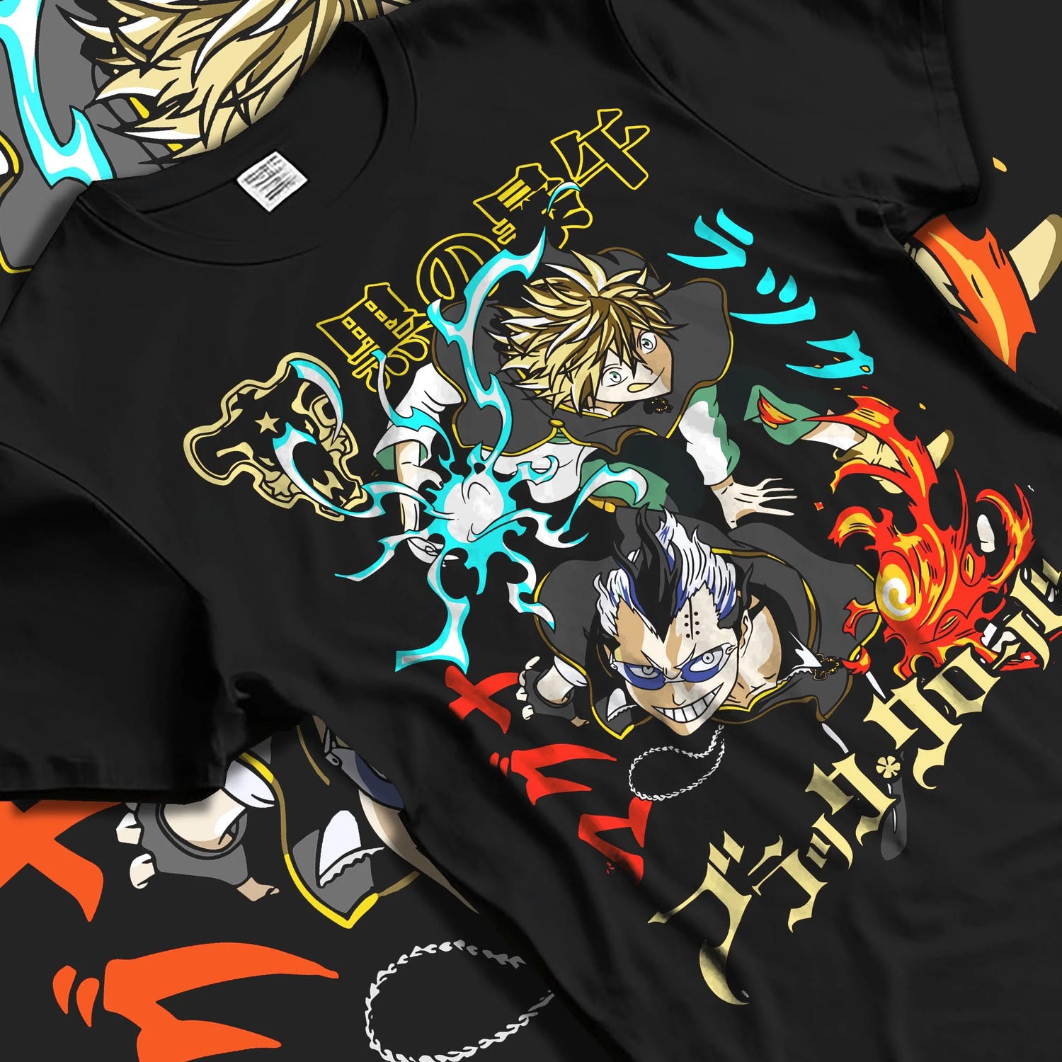 Black T-shirt laid flat with natural folds with Asta Nacht Hoodie Black Clover Devil Contract Flames graphic streetwear graphic.