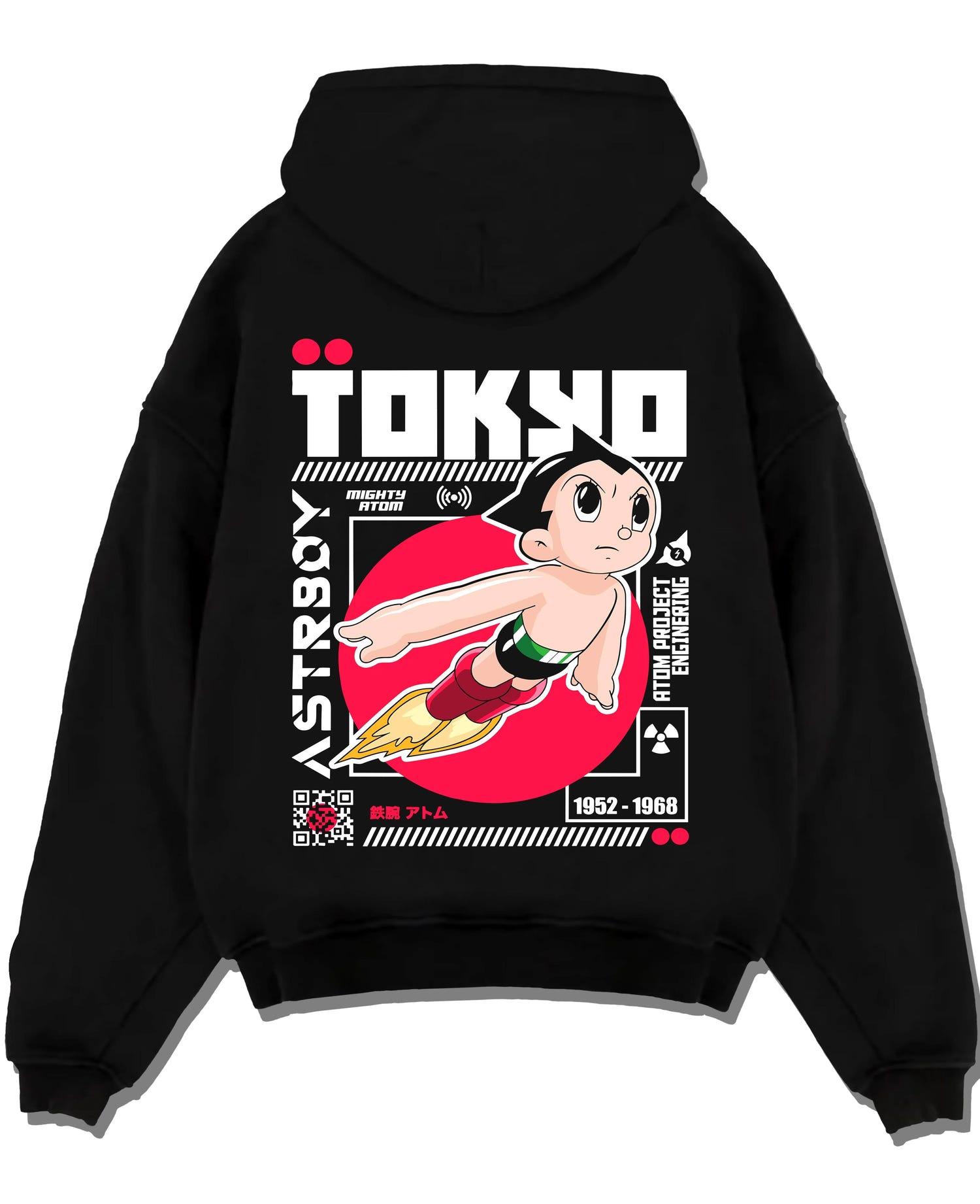 Black pullover hoodie laid flat with Astro Boy Hoodie Retro Tokyo Anime Robot Hero Poster graphic bold anime graphic.