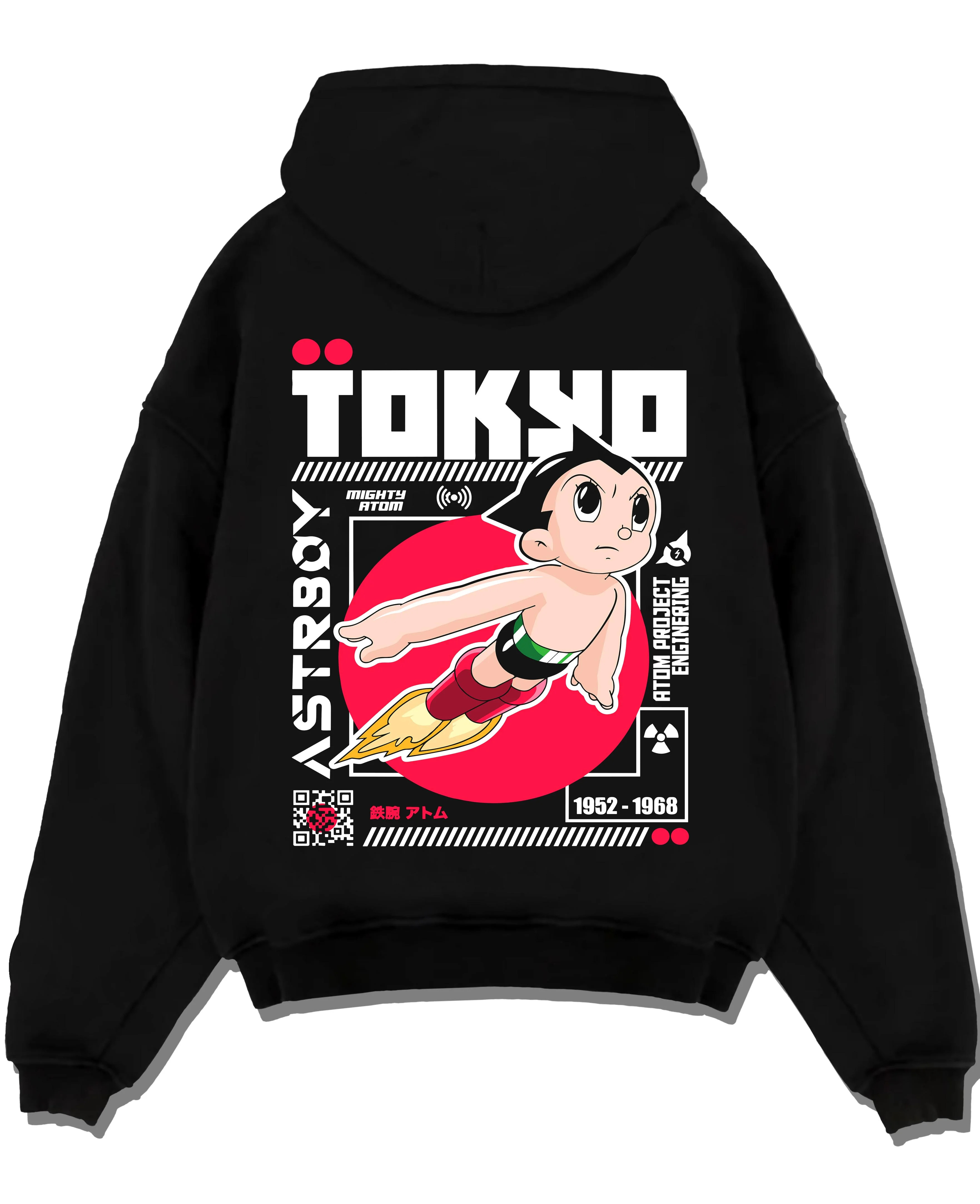 Black pullover hoodie laid flat with Astro Boy Hoodie Retro Tokyo Anime Robot Hero Poster graphic bold anime graphic.