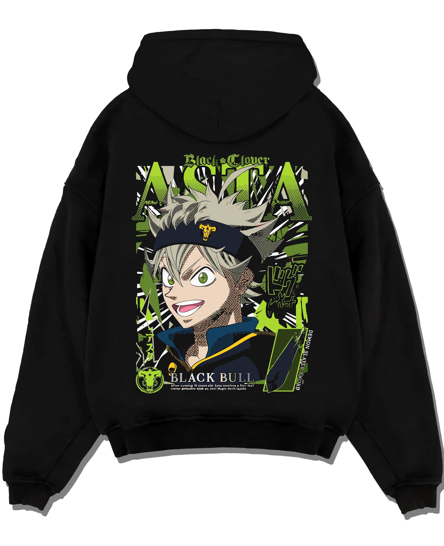 Black pullover hoodie laid flat with Asta Grimoire Hoodie Black Clover Green Magic Energy graphic bold anime graphic.