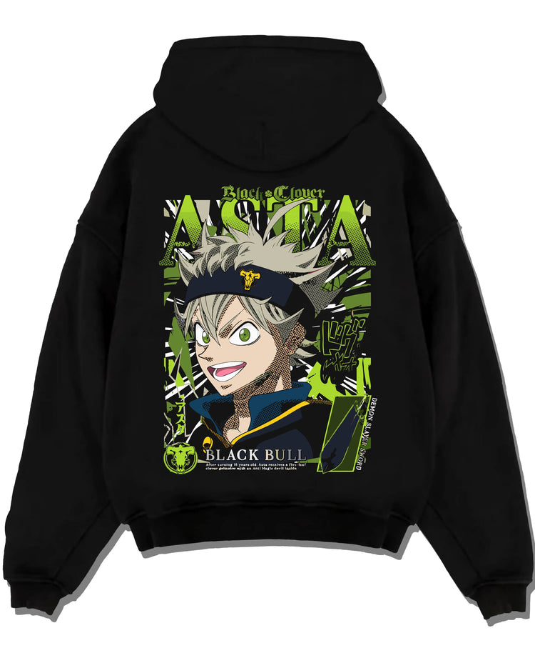 Black pullover hoodie laid flat with Asta Grimoire Hoodie Black Clover Green Magic Energy graphic bold anime graphic.