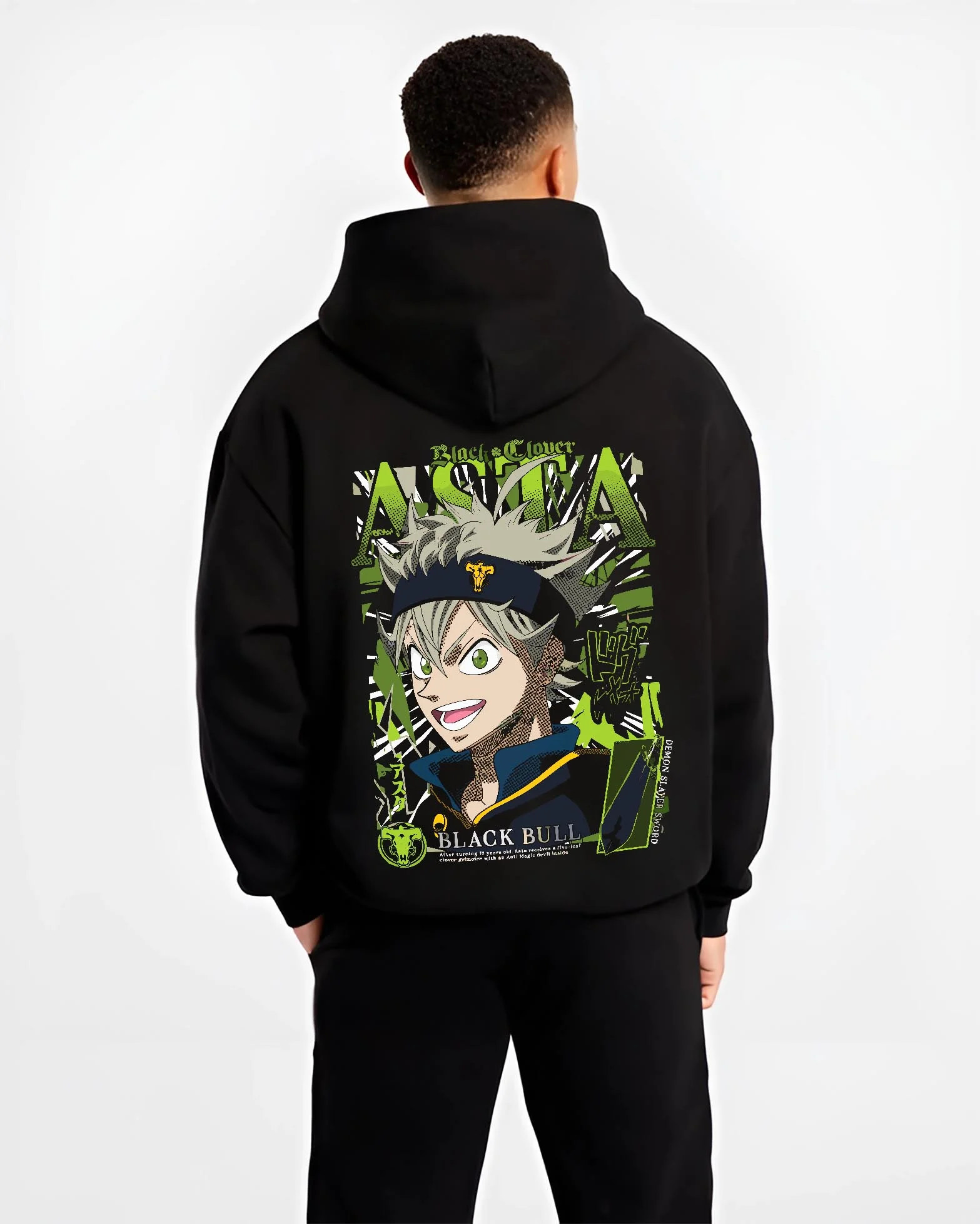 Black hoodie worn by male model, back view with Asta Grimoire Hoodie Black Clover Green Magic Energy graphic Asta themed artwork.