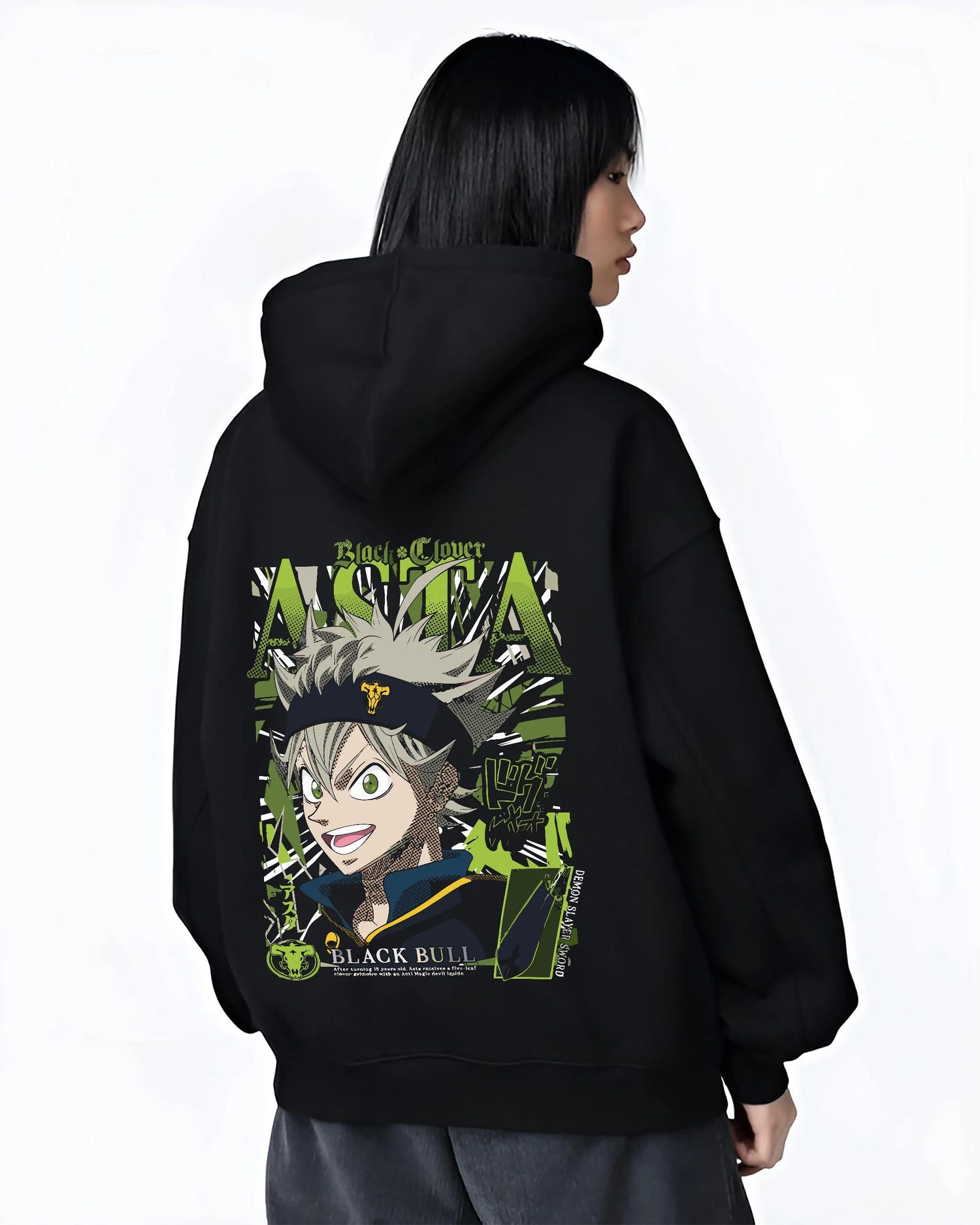 Black hoodie worn by female model, back view with Asta Grimoire Hoodie Black Clover Green Magic Energy graphic Asta anime design.