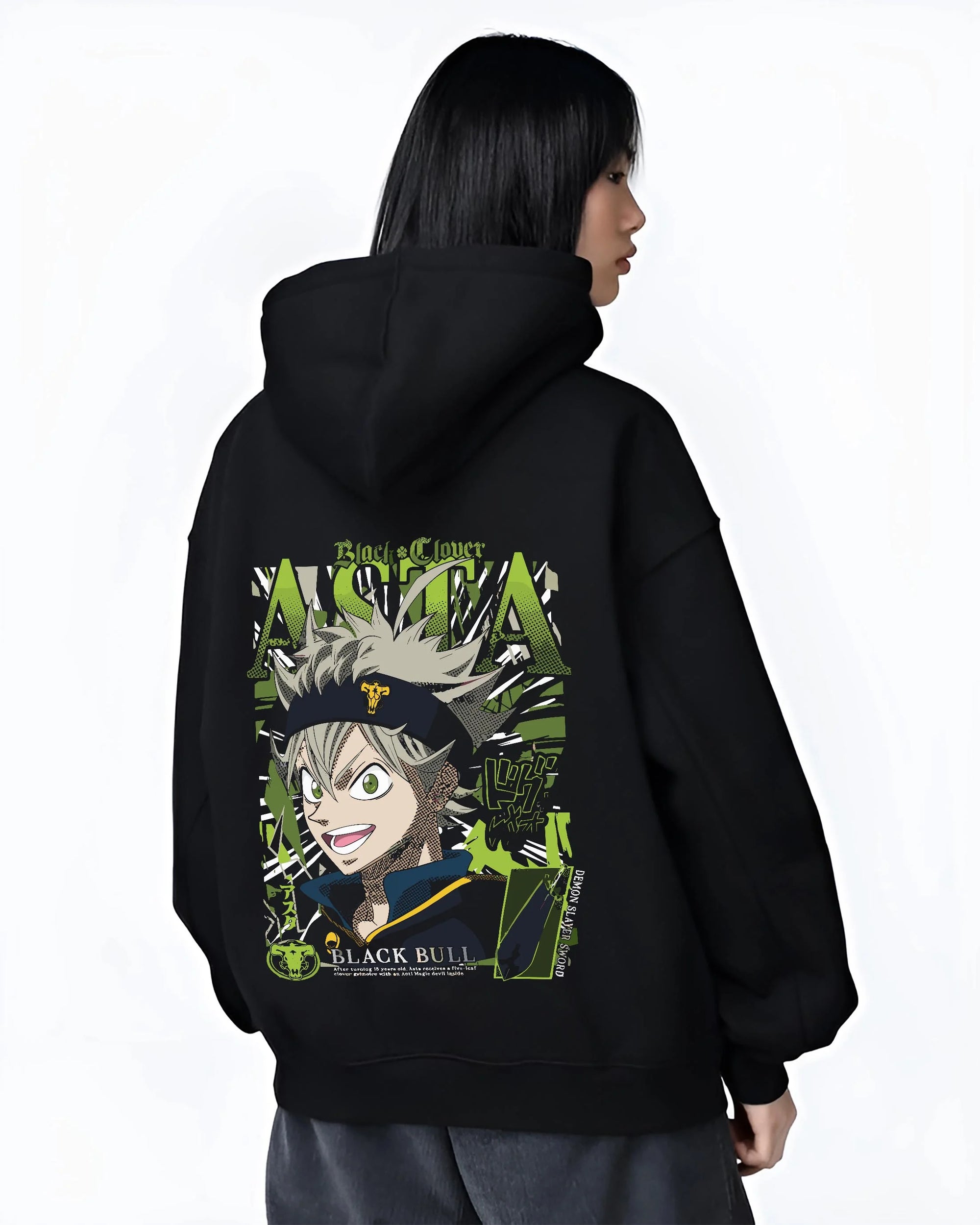 Black hoodie worn by female model, back view with Asta Grimoire Hoodie Black Clover Green Magic Energy graphic Asta anime design.