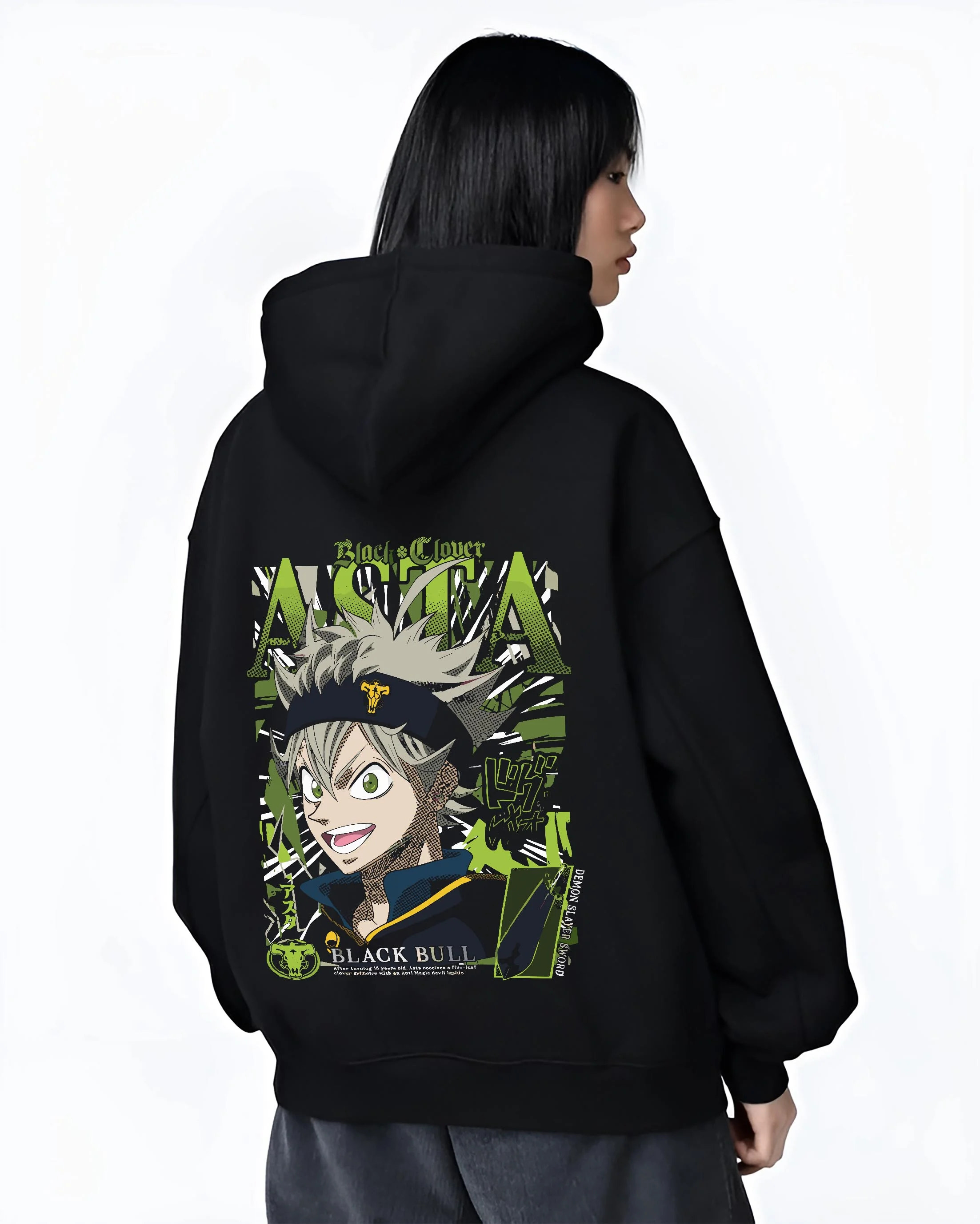 Black hoodie worn by female model, back view with Asta Grimoire Hoodie Black Clover Green Magic Energy graphic Asta anime design.