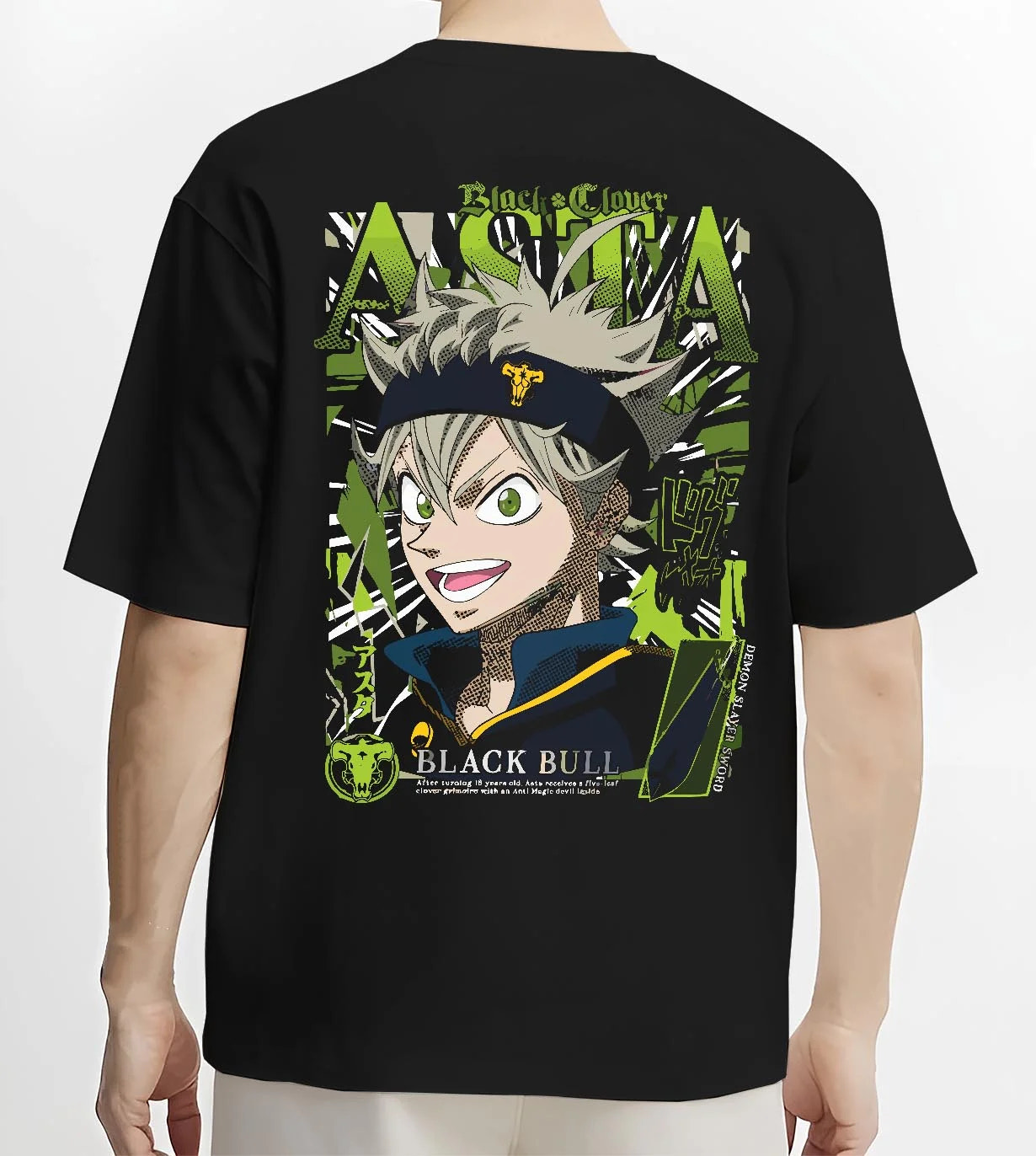 Black T-shirt worn by male model, back view with Asta Grimoire Hoodie Black Clover Green Magic Energy graphic premium wear.