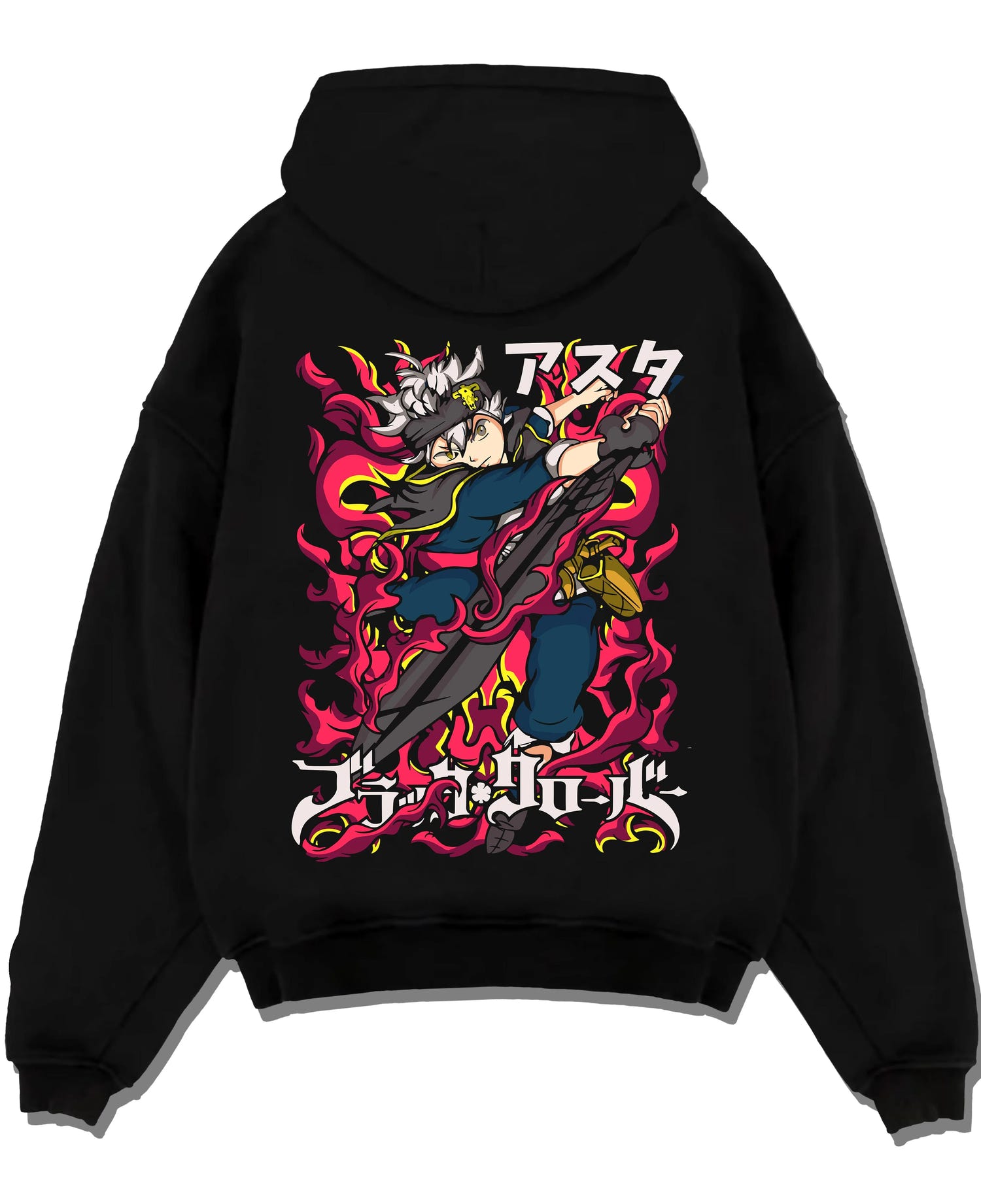 Black pullover hoodie laid flat with Asta Magic Sword Hoodie Black Clover Red Blade Stance graphic streetwear graphic.