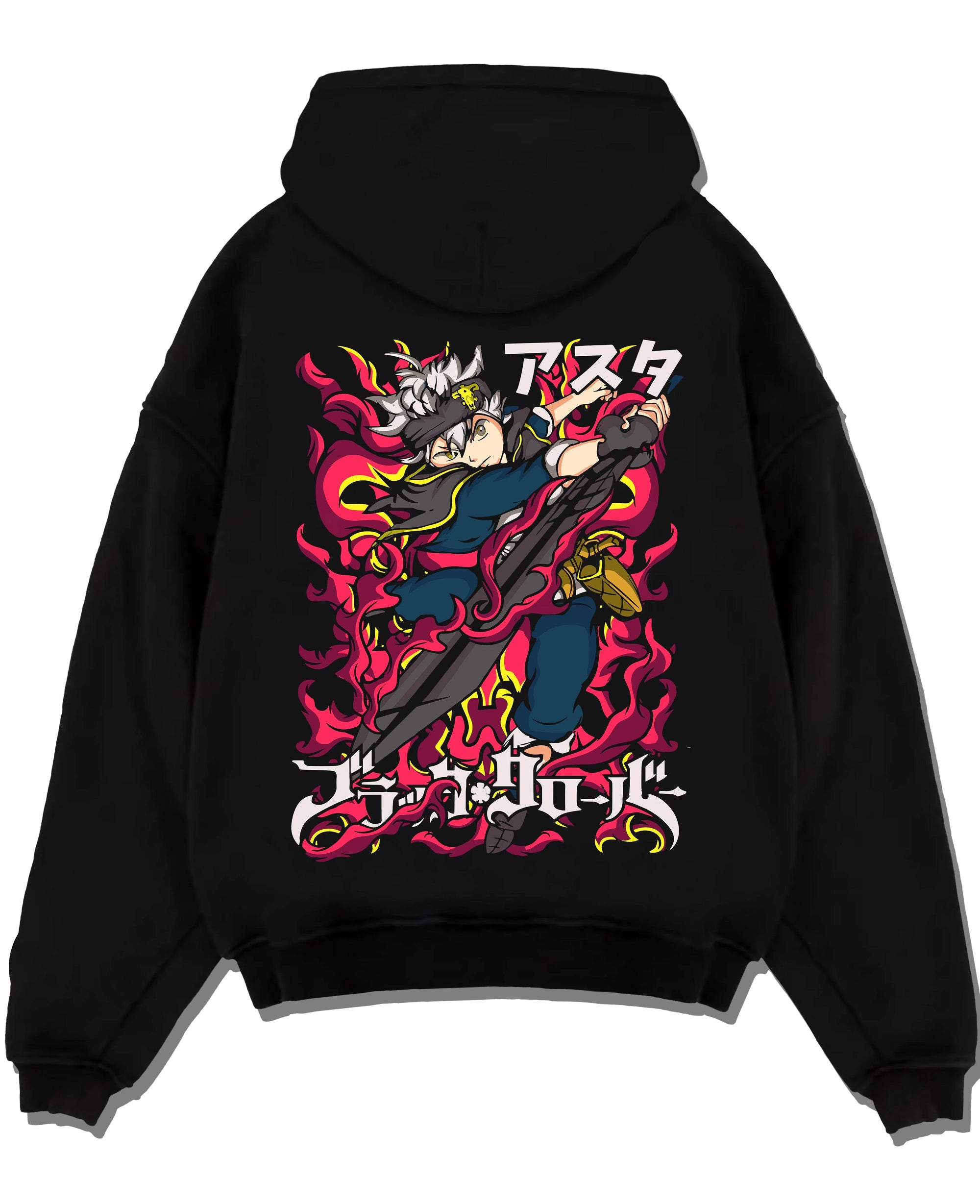 Black pullover hoodie laid flat with Asta Magic Sword Hoodie Black Clover Red Blade Stance graphic streetwear graphic.
