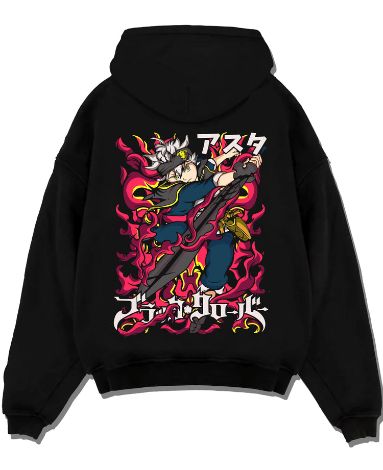 Black pullover hoodie laid flat with Asta Magic Sword Hoodie Black Clover Red Blade Stance graphic streetwear graphic.