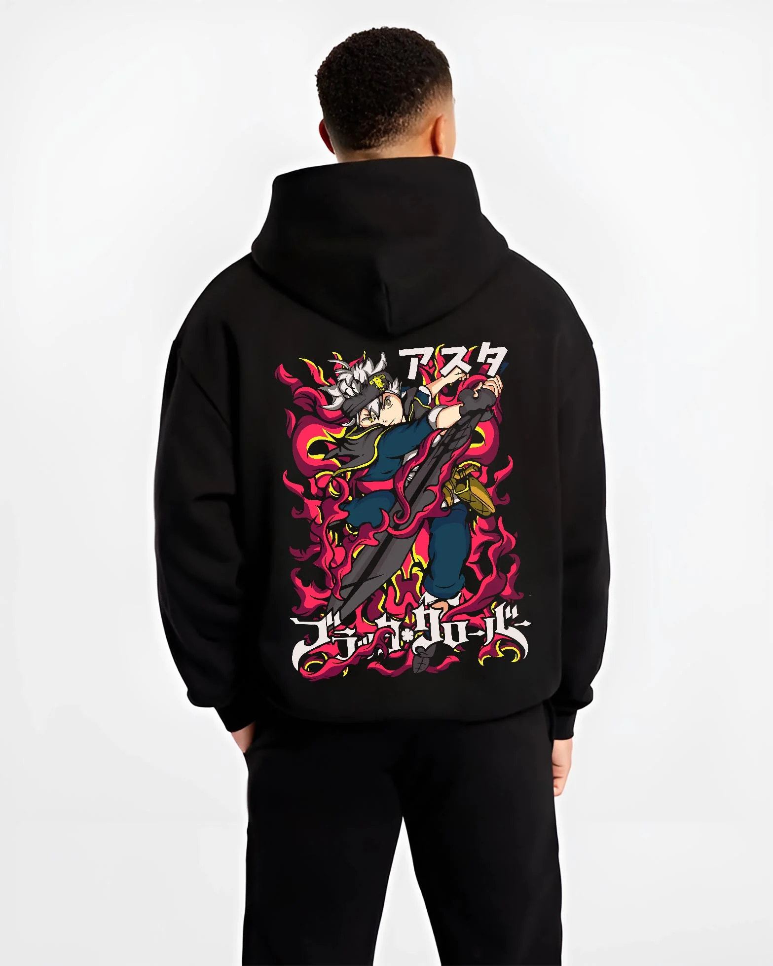 Black hoodie worn by male model, back view with Asta Magic Sword Hoodie Black Clover Red Blade Stance graphic premium wear.