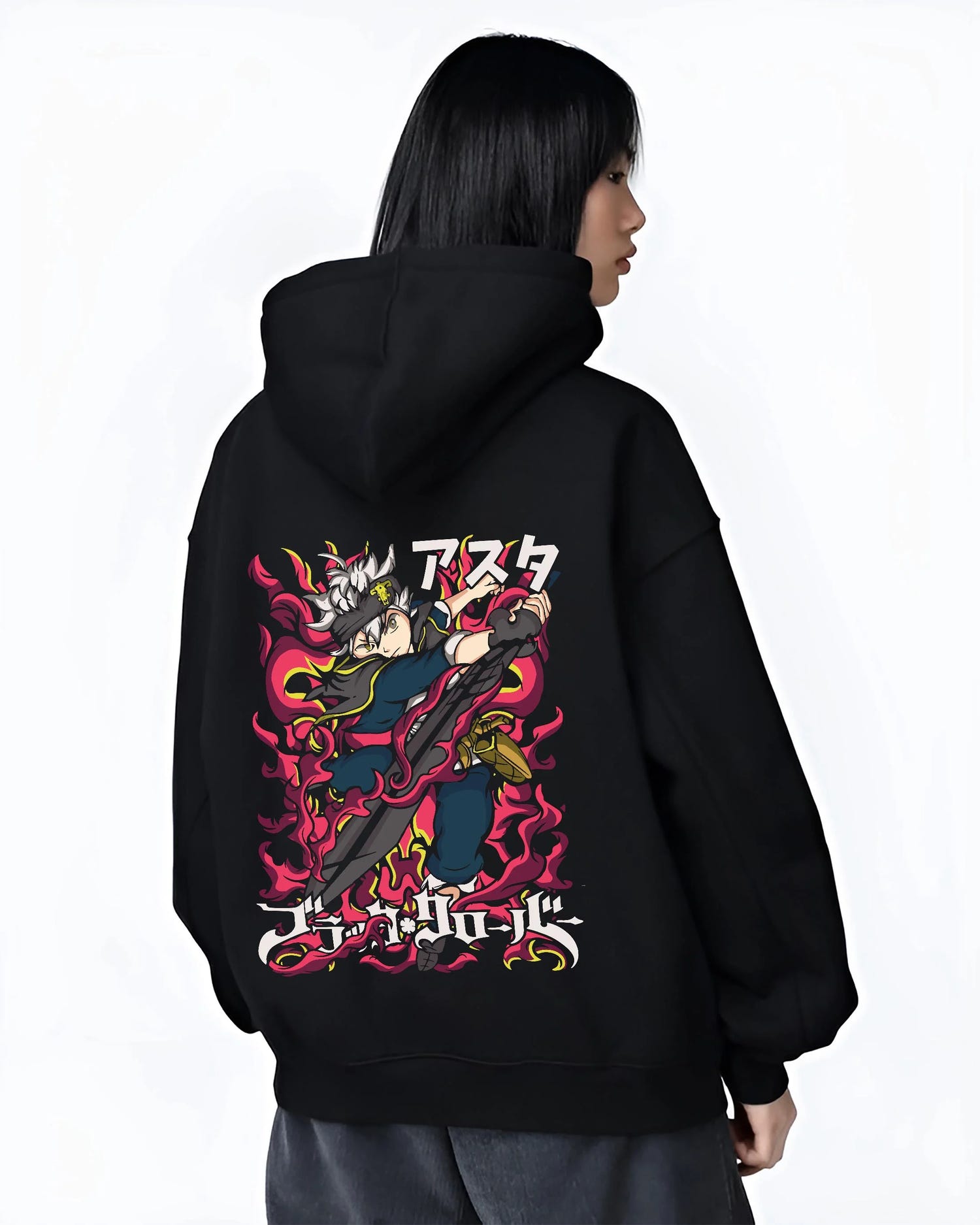 Black hoodie worn by female model, back view with Asta Magic Sword Hoodie Black Clover Red Blade Stance graphic premium wear.