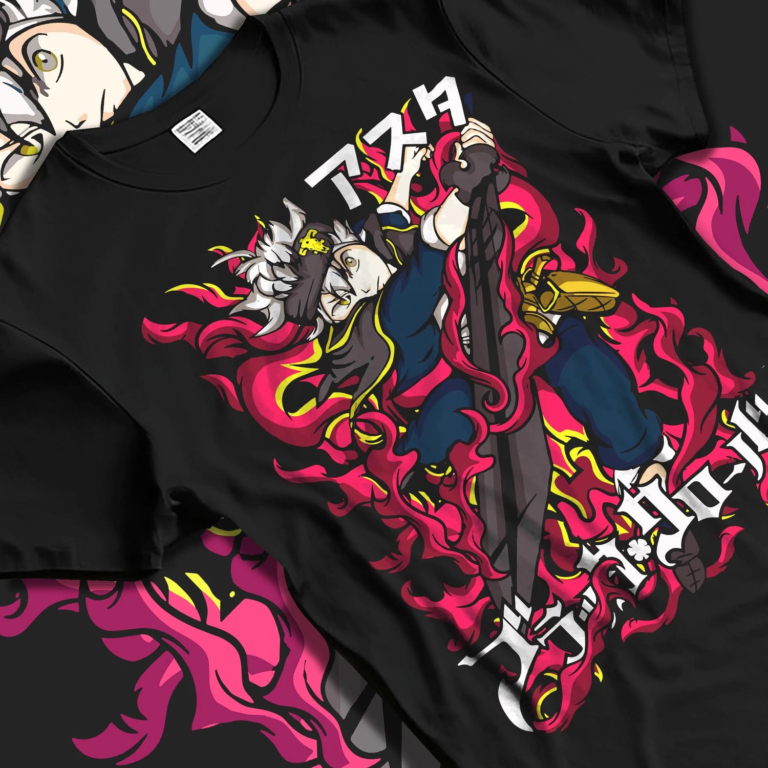 Black T-shirt laid flat with natural folds with Asta Magic Sword Hoodie Black Clover Red Blade Stance graphic Asta themed artwork.