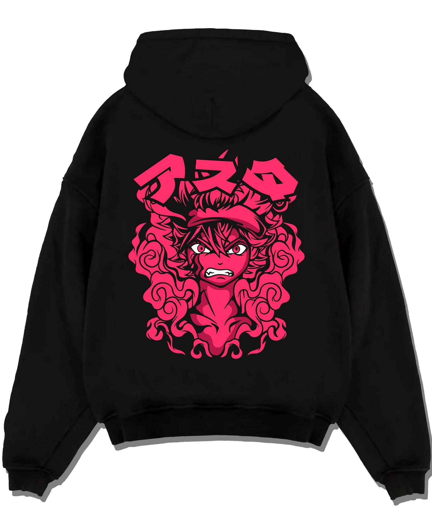 Black pullover hoodie laid flat with Asta Demon Rage Hoodie Black Clover Red Eyes Power graphic Asta themed artwork.