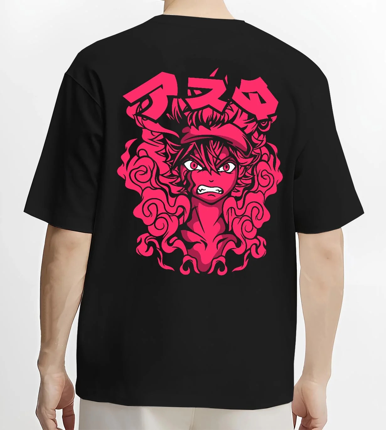 Black T-shirt worn by male model, back view with Asta Demon Rage Hoodie Black Clover Red Eyes Power graphic Asta themed artwork.