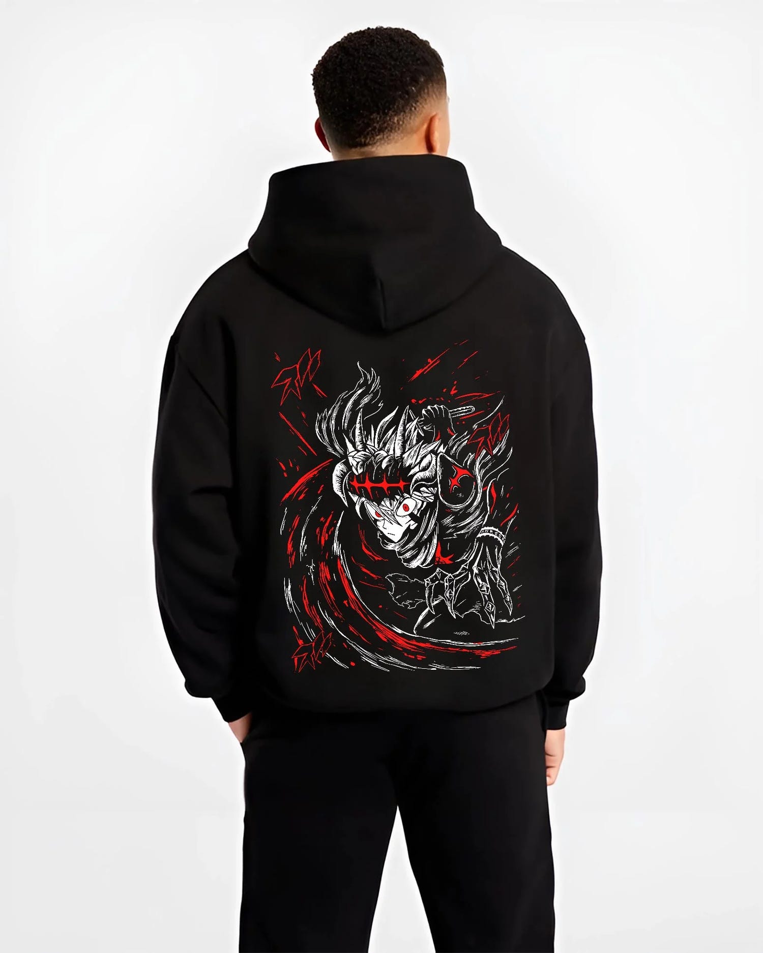 Black hoodie worn by male model, back view with Asta Yami Hoodie Black Clover Sword Mentor Dark Power graphic premium wear.