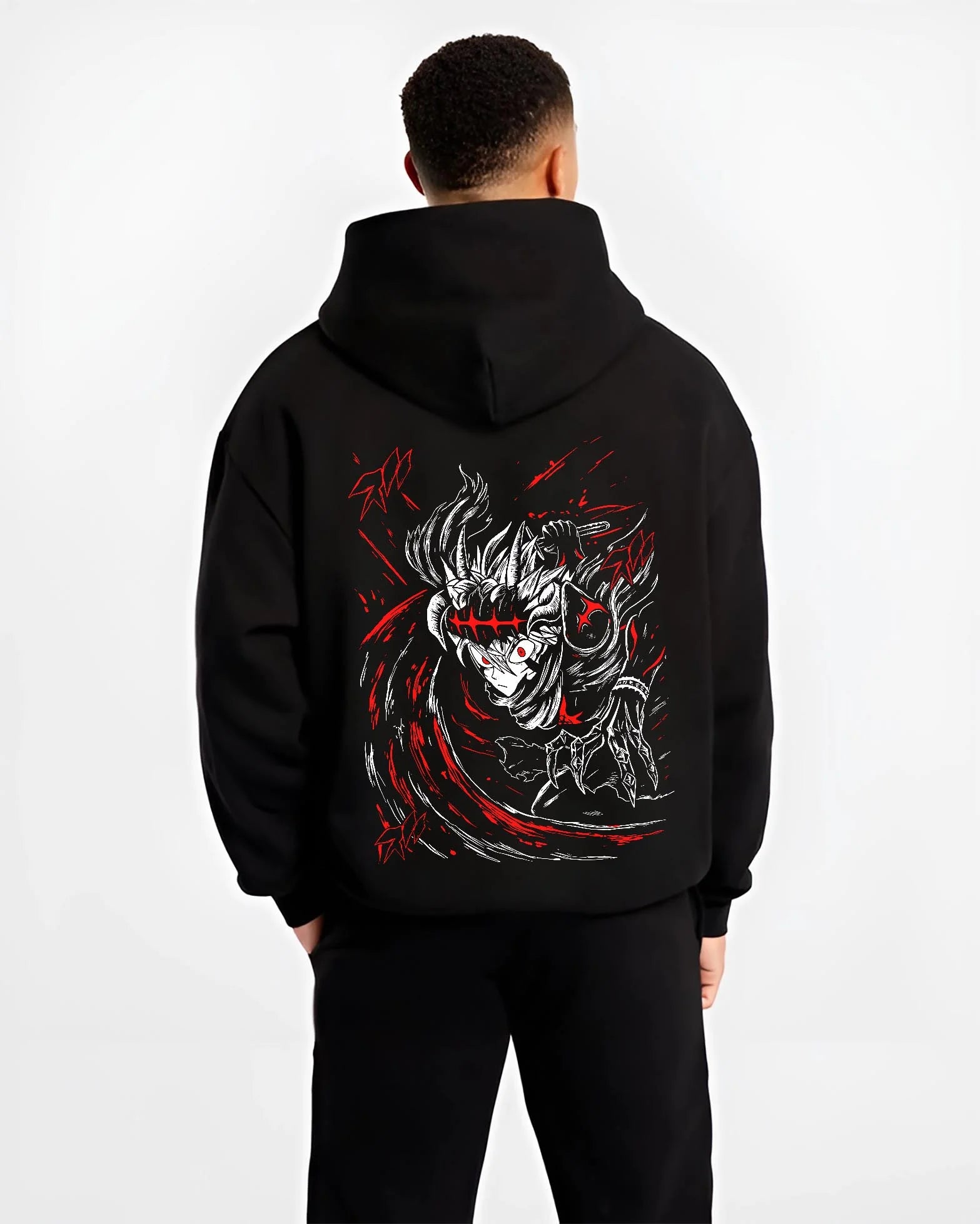 Black hoodie worn by male model, back view with Asta Yami Hoodie Black Clover Sword Mentor Dark Power graphic premium wear.