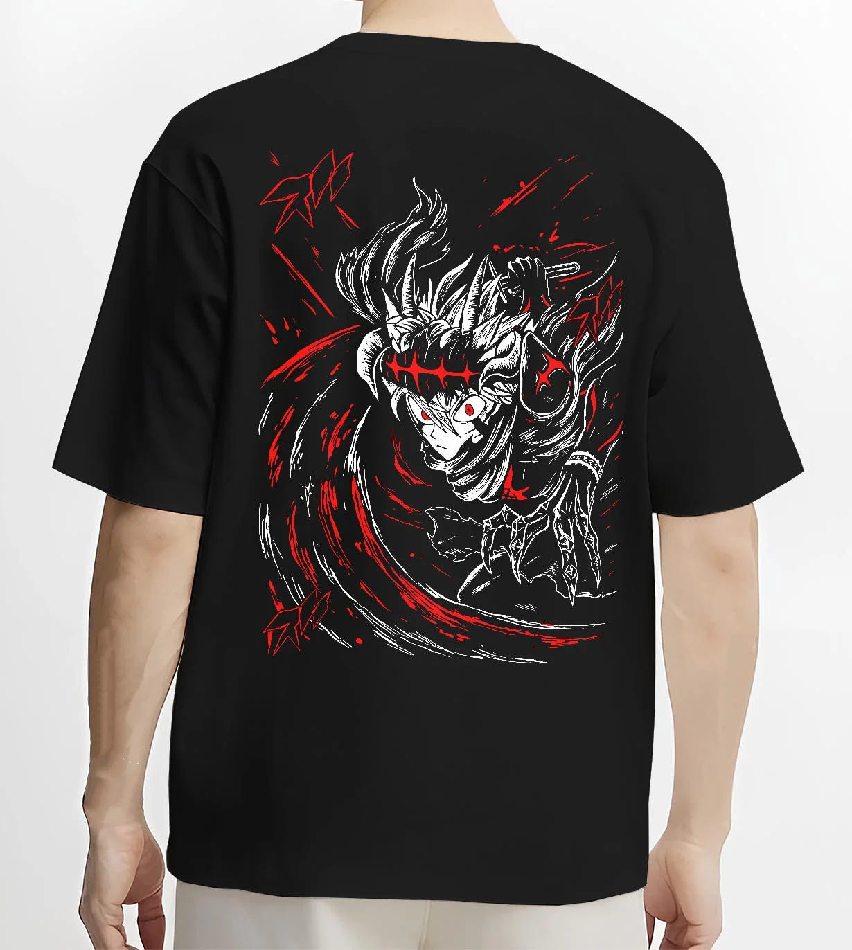 Black T-shirt worn by male model, back view with Asta Yami Hoodie Black Clover Sword Mentor Dark Power graphic premium wear.