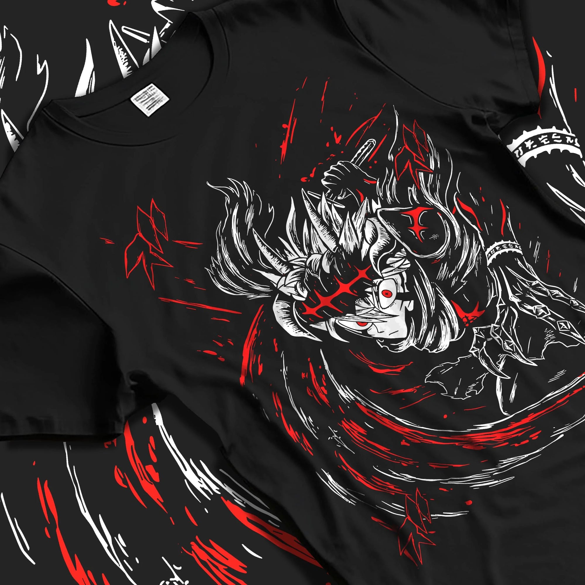 Black T-shirt laid flat with natural folds with Asta Yami Hoodie Black Clover Sword Mentor Dark Power graphic premium wear.