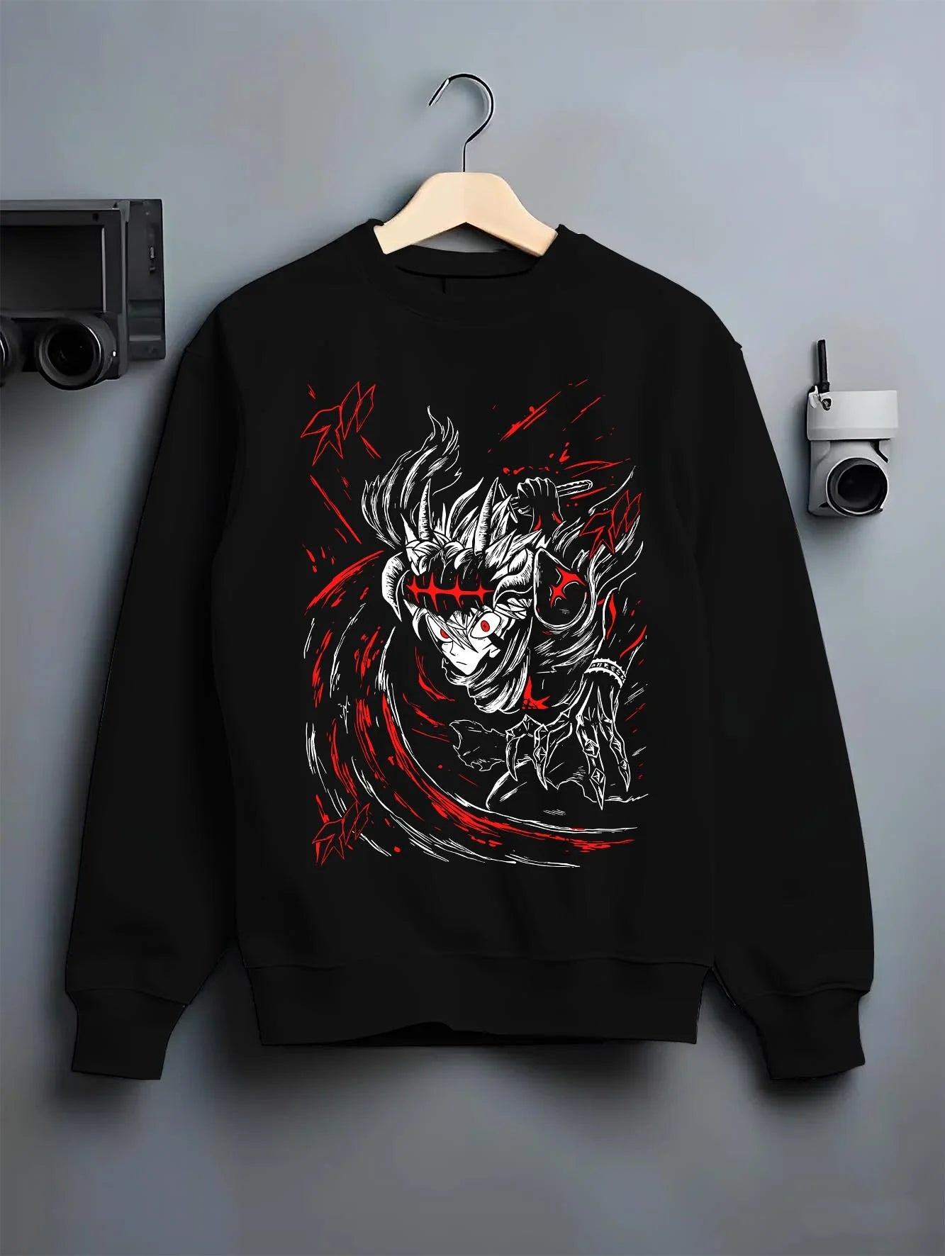 Black crewneck sweatshirt on hanger with Asta Yami Hoodie Black Clover Sword Mentor Dark Power graphic premium wear.