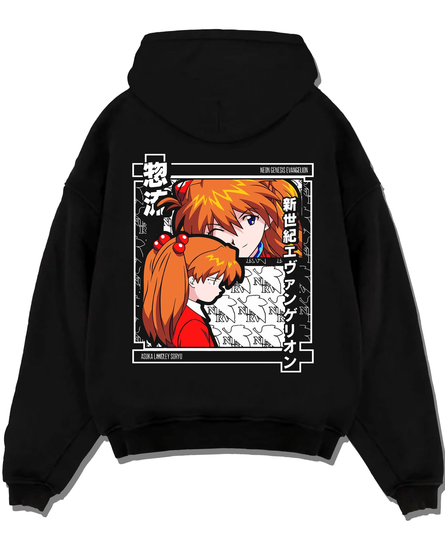 Black pullover hoodie laid flat with Asuka Hoodie Neon Genesis Evangelion Red Poster Print graphic bold anime graphic.