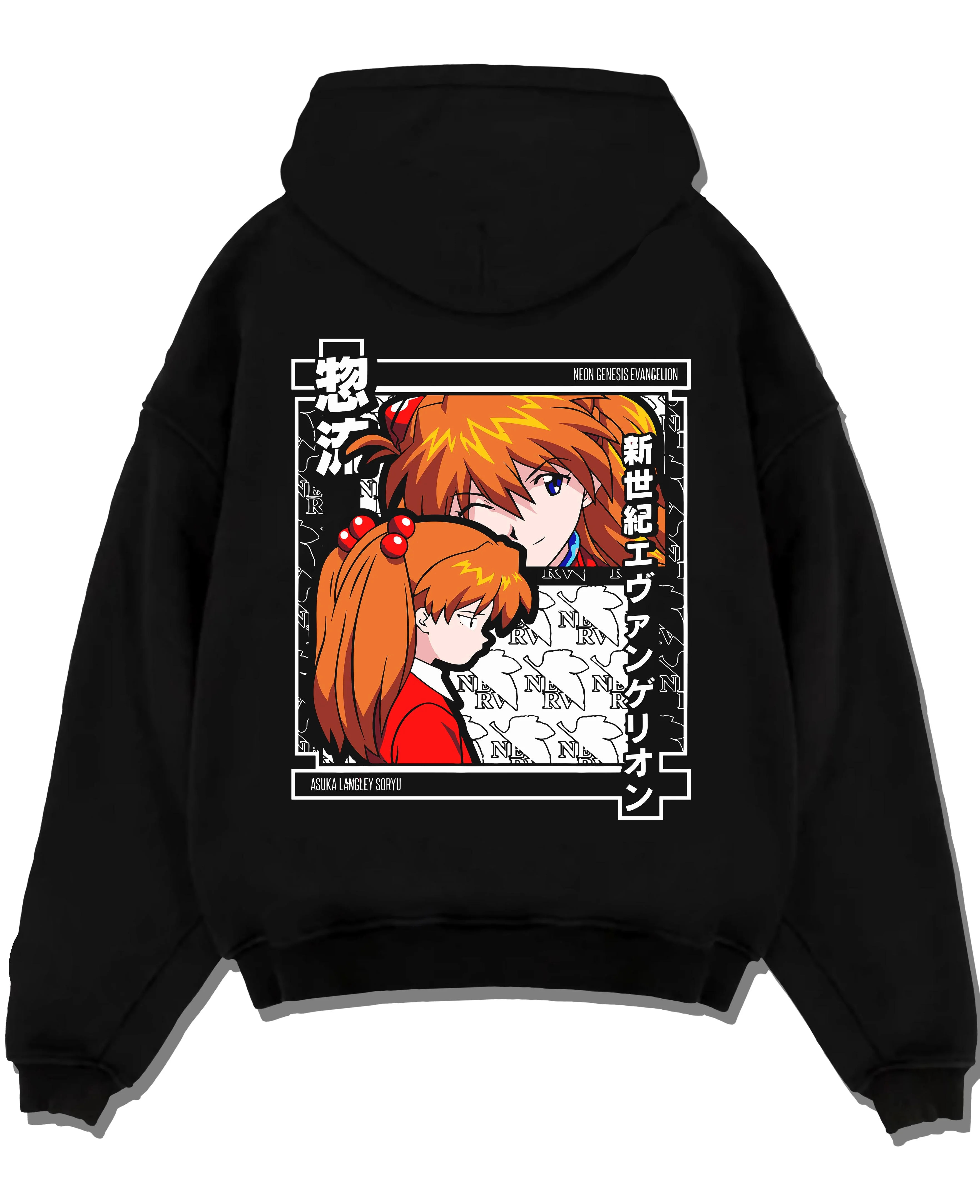 Black pullover hoodie laid flat with Asuka Hoodie Neon Genesis Evangelion Red Poster Print graphic bold anime graphic.