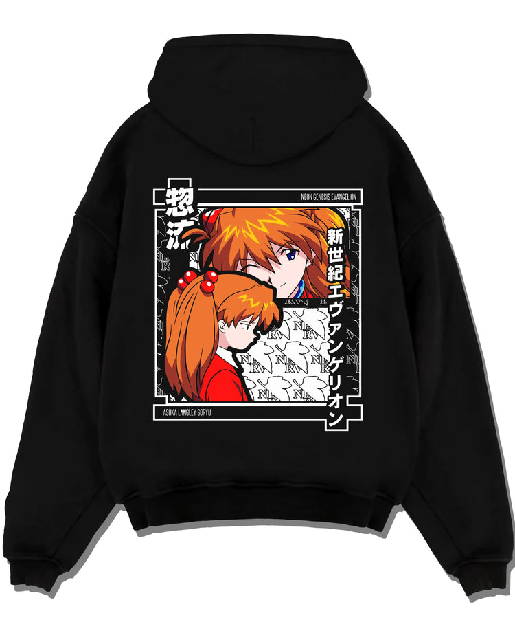 Black pullover hoodie laid flat with Asuka Hoodie Neon Genesis Evangelion Red Poster Print graphic bold anime graphic.