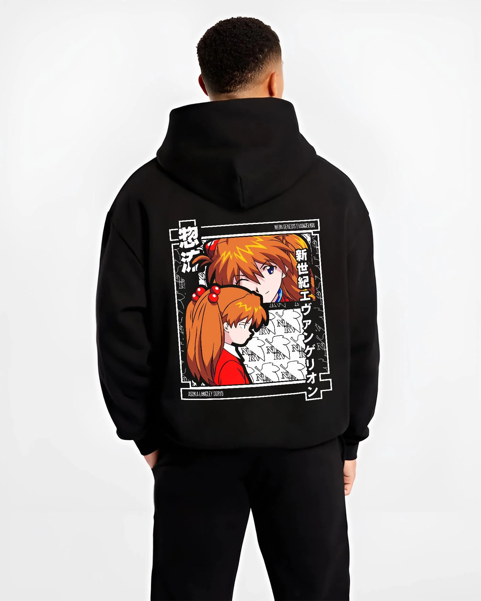 Black hoodie worn by male model, back view with Asuka Hoodie Neon Genesis Evangelion Red Poster Print graphic streetwear graphic.