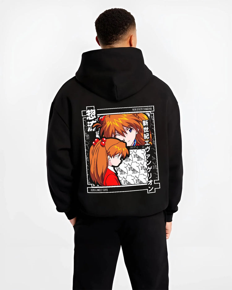 Black hoodie worn by male model, back view with Asuka Hoodie Neon Genesis Evangelion Red Poster Print graphic streetwear graphic.