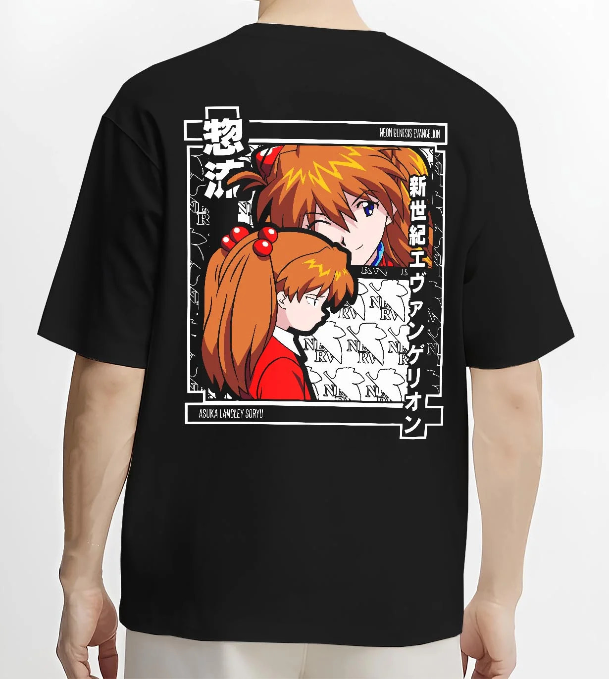 Black T-shirt worn by male model, back view with Asuka Hoodie Neon Genesis Evangelion Red Poster Print graphic bold anime graphic.