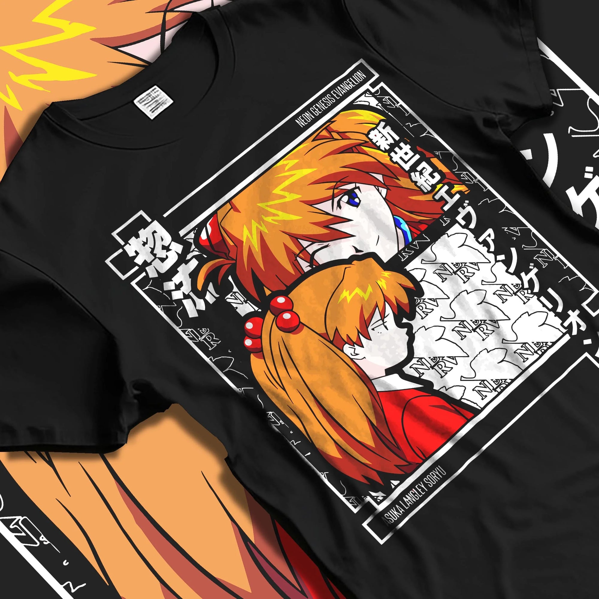 Black T-shirt laid flat with natural folds with Asuka Hoodie Neon Genesis Evangelion Red Poster Print graphic streetwear graphic.