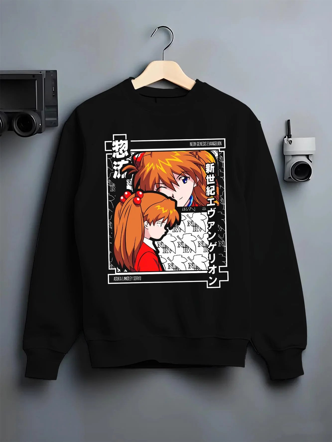 Black crewneck sweatshirt on hanger with Asuka Hoodie Neon Genesis Evangelion Red Poster Print graphic bold anime graphic.