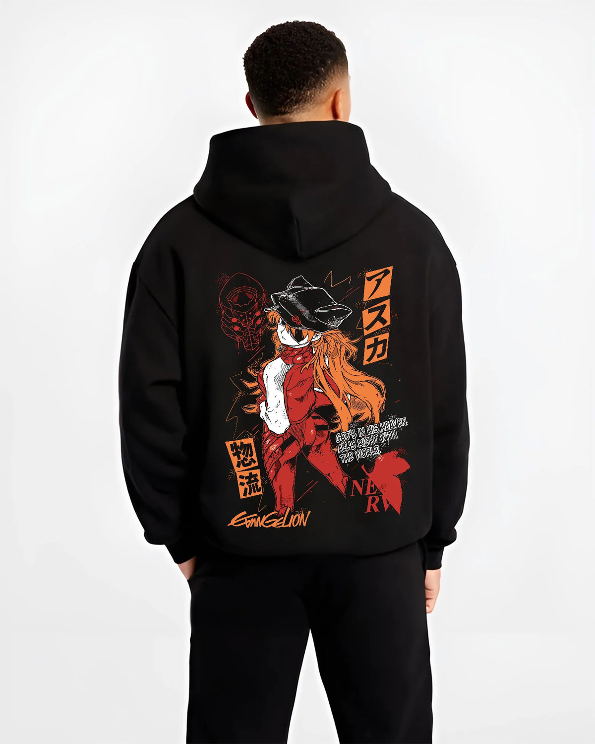 Black hoodie model back view showing Evangelion: orange-haired pilot and mecha illustration