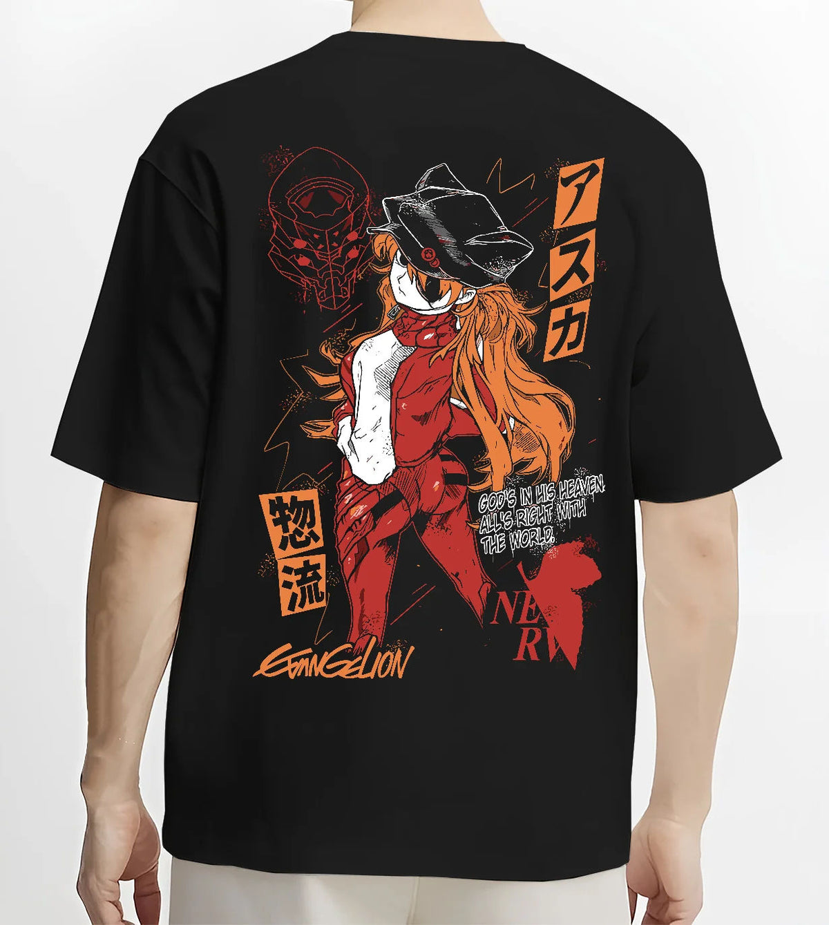 Black T-shirt model back view showing Evangelion: orange-haired pilot and mecha illustration