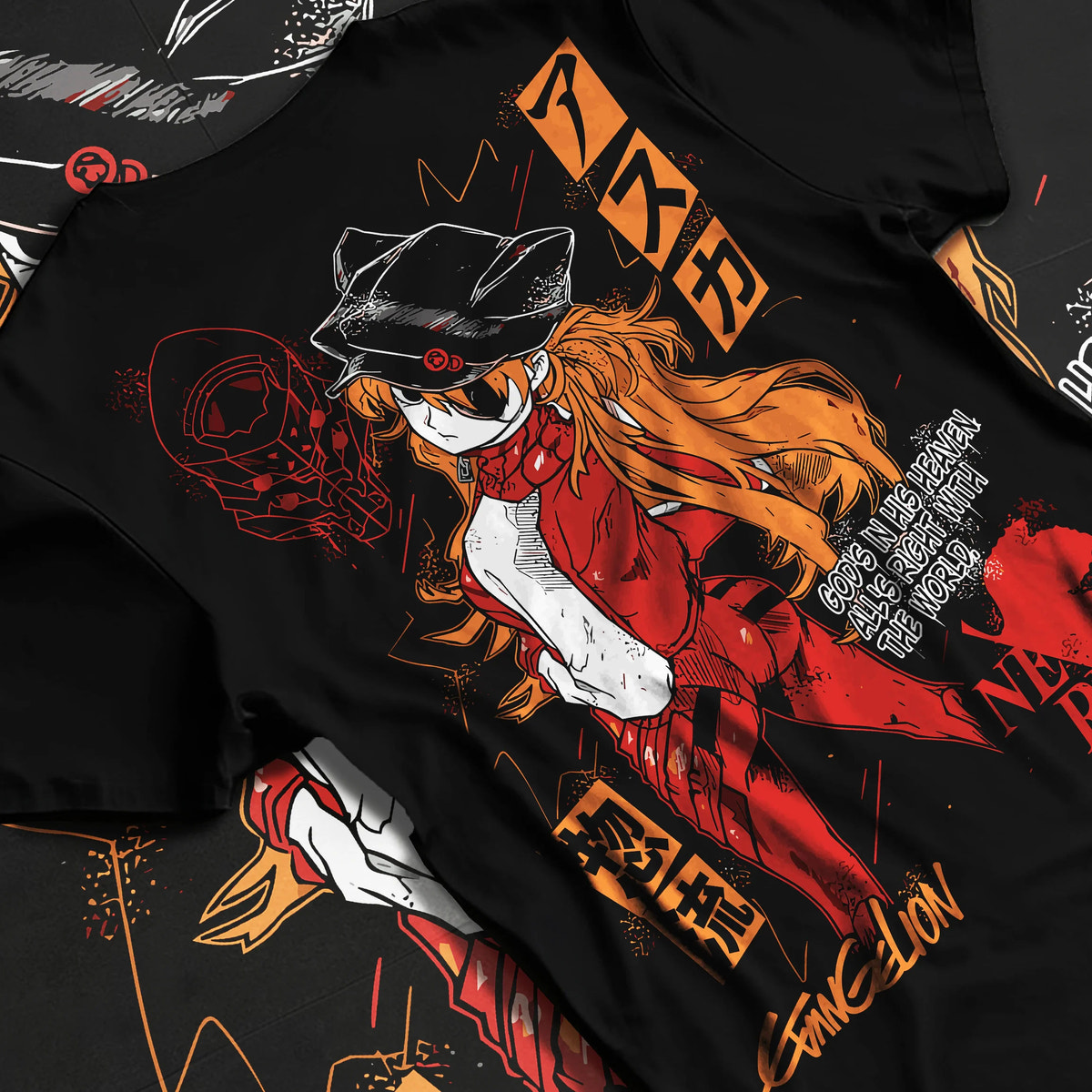 Black T-shirt flat back view showing Evangelion: orange-haired pilot and mecha illustration