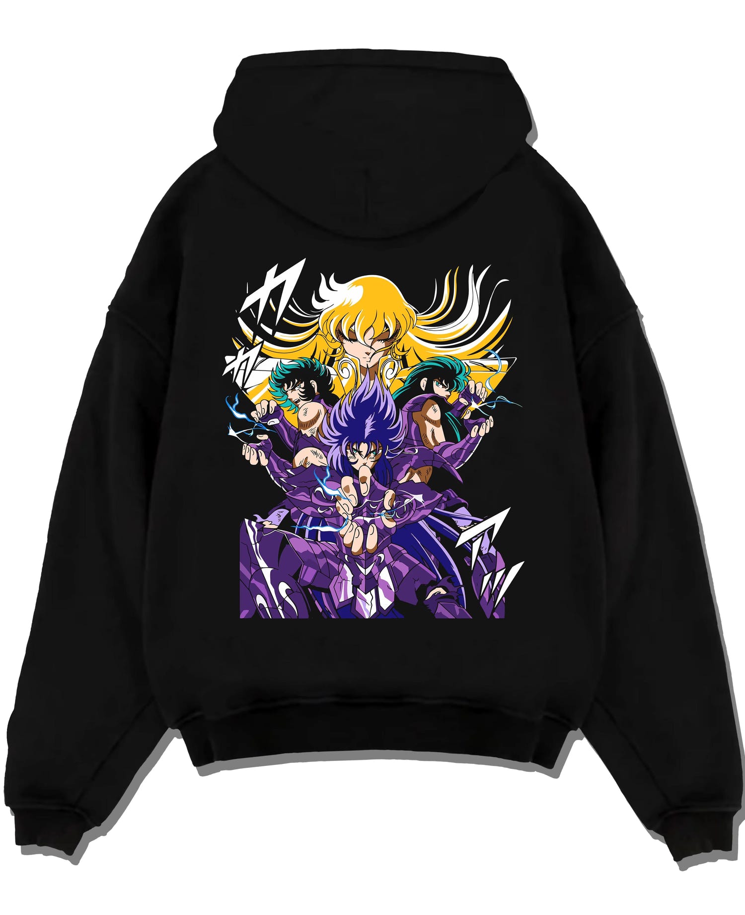 Black pullover hoodie laid flat with Athena Hoodie Saint Seiya Zodiac Warriors Mythic Print graphic bold anime graphic.