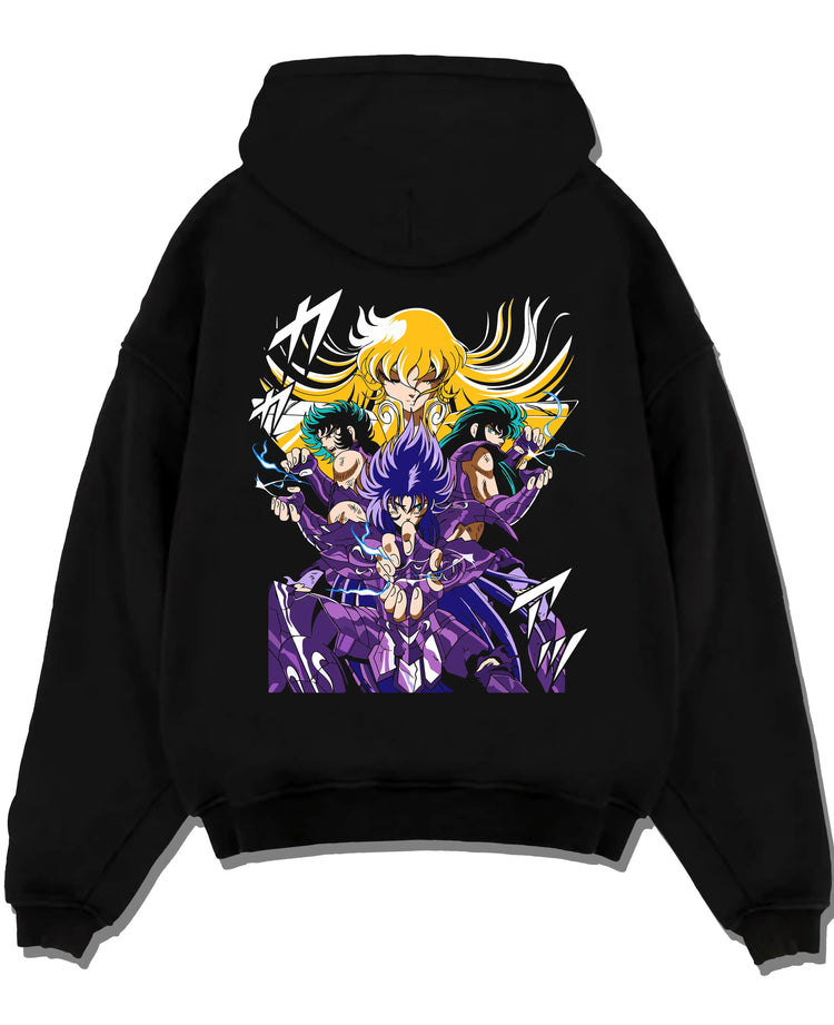 Black pullover hoodie laid flat with Athena Hoodie Saint Seiya Zodiac Warriors Mythic Print graphic bold anime graphic.