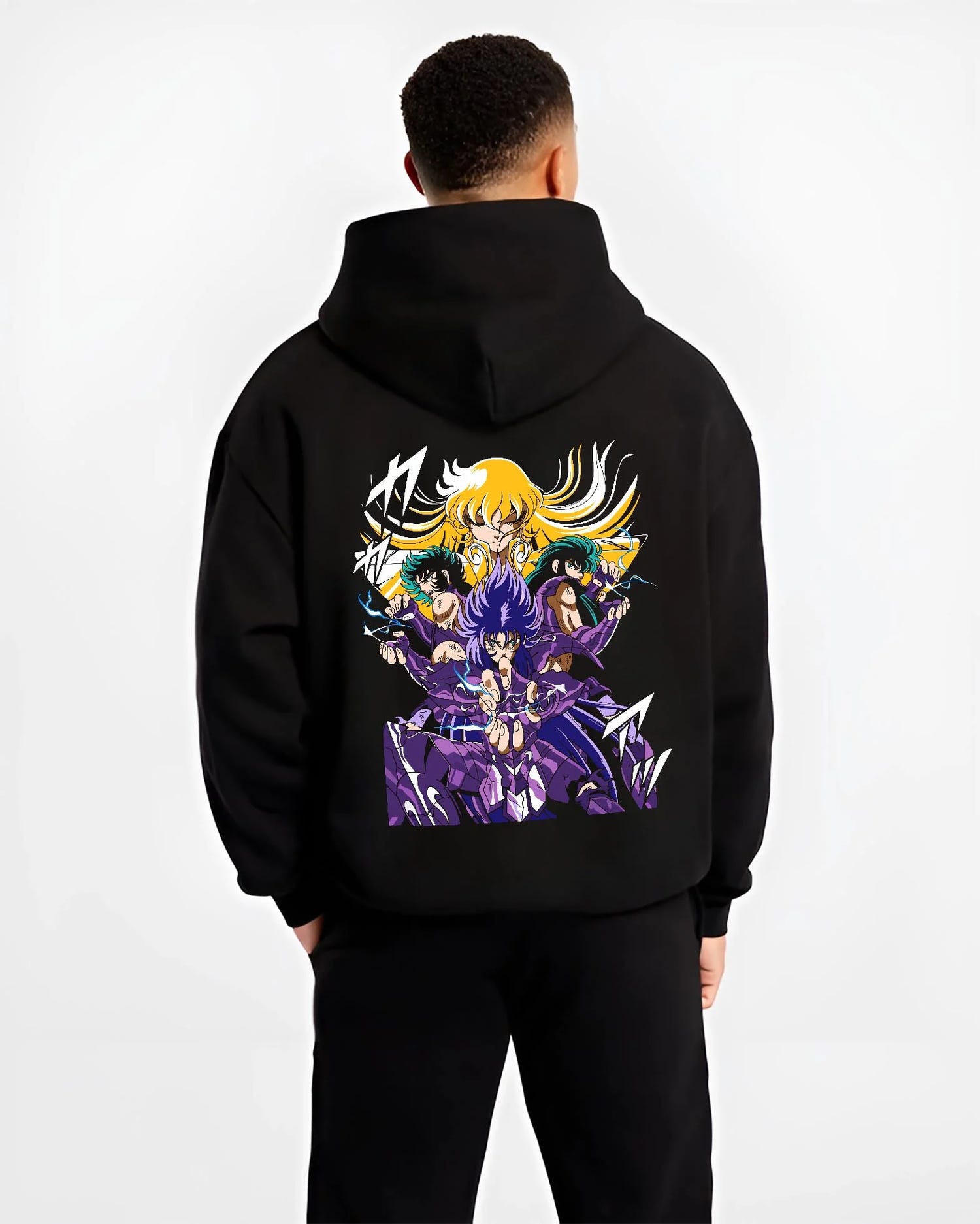 Black hoodie worn by male model, back view with Athena Hoodie Saint Seiya Zodiac Warriors Mythic Print graphic premium wear.