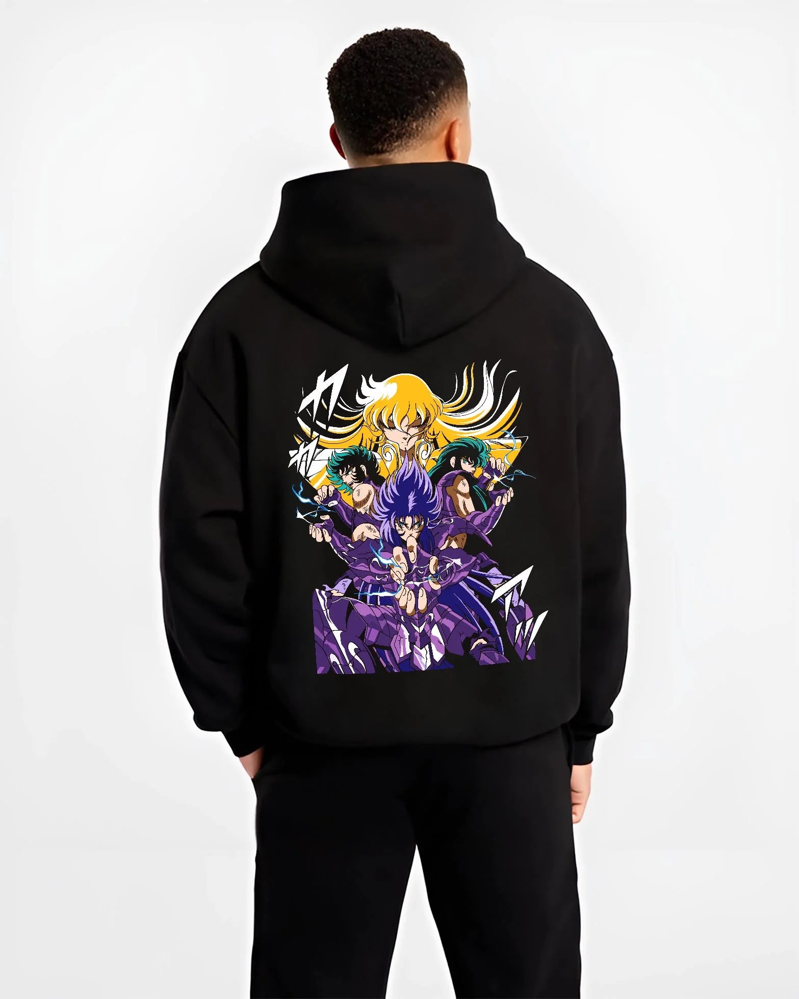 Black hoodie worn by male model, back view with Athena Hoodie Saint Seiya Zodiac Warriors Mythic Print graphic premium wear.