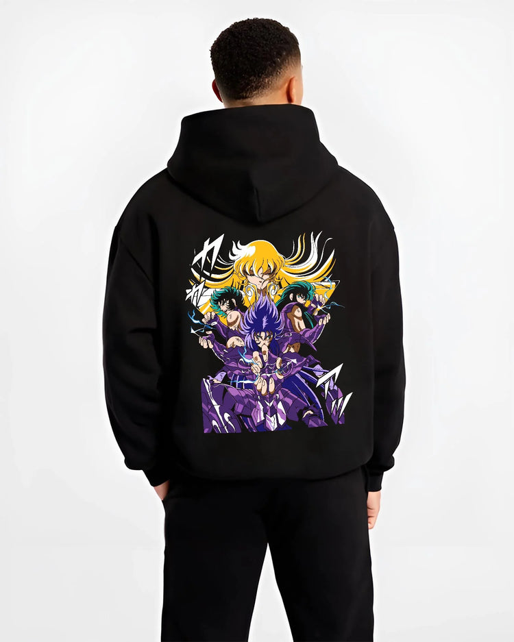 Black hoodie worn by male model, back view with Athena Hoodie Saint Seiya Zodiac Warriors Mythic Print graphic premium wear.