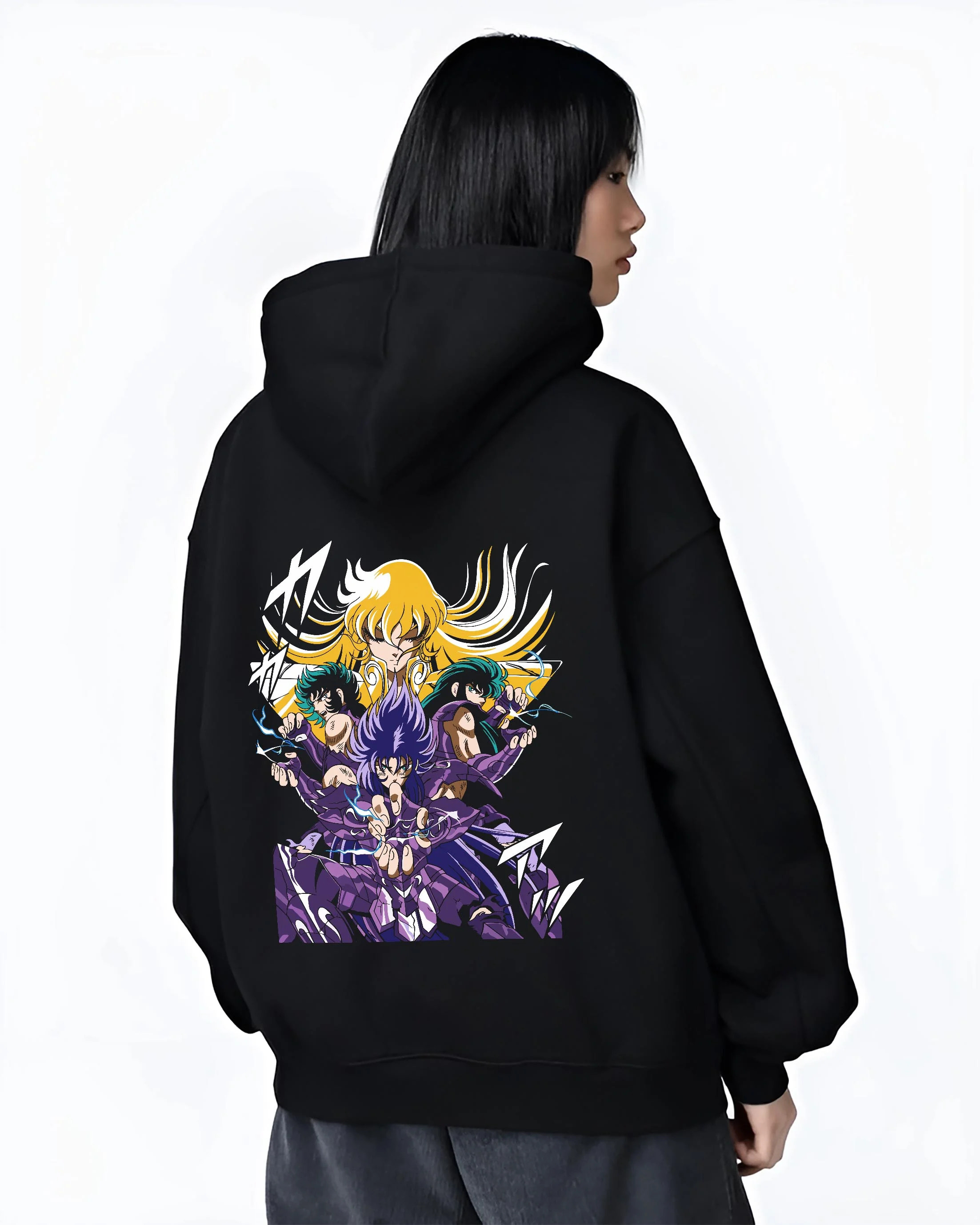 Black hoodie worn by female model, back view with Athena Hoodie Saint Seiya Zodiac Warriors Mythic Print graphic streetwear graphic.